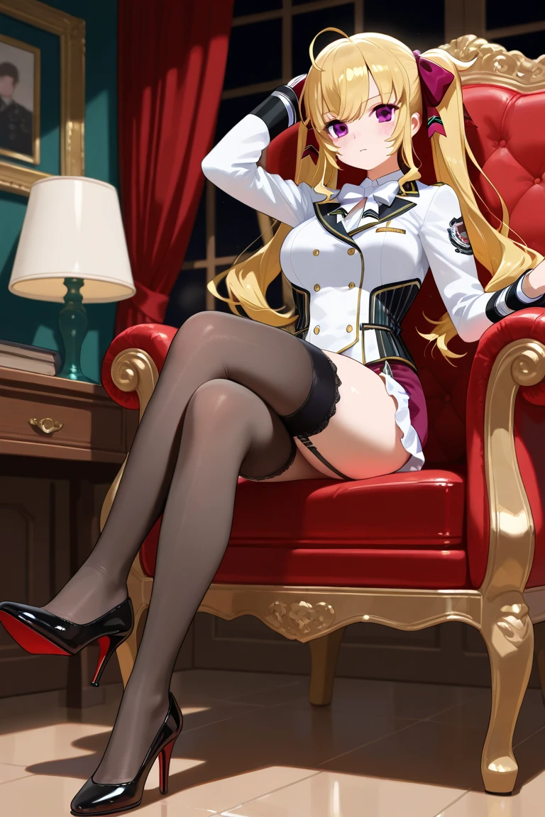 A blonde long-haired beauty sits on a chair with a computer behind her, and the beauty is wearing white suspender stockings, uniform, high heels, and looks at you with style --auto