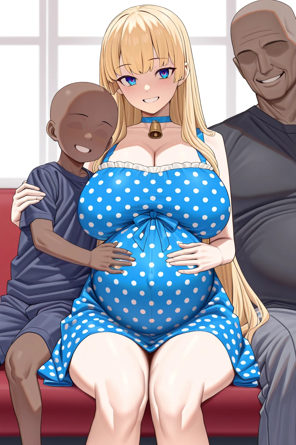 ((Highest quality)), ((masterpiece)), (detailed), (Perfect Face)、The woman is a Ghanaian black woman named Tsukino Usagi with vivid dark skin. She is wearing the gorgeous, colorful, glittering Ghanaian traditional kente dress in a luxurious Ghanaian mansion, with gorgeous jeweled accessories and an engagement ring. The man and woman are sitting on a luxurious, large sofa in a luxurious room, and the woman is being held in the arms of a dignified, strong-willed, middle-aged Ghanaian man wearing Ghanaian traditional dress.、The woman is the elegant Tsukino Usagi, with long blonde hair in a chignon twin tail, and a vivid dark-brown skin wearing the colorful Ghanaian national dress, Kente.、(The woman is a dark-skinned black Ghanaian.)、the woman is pregnant