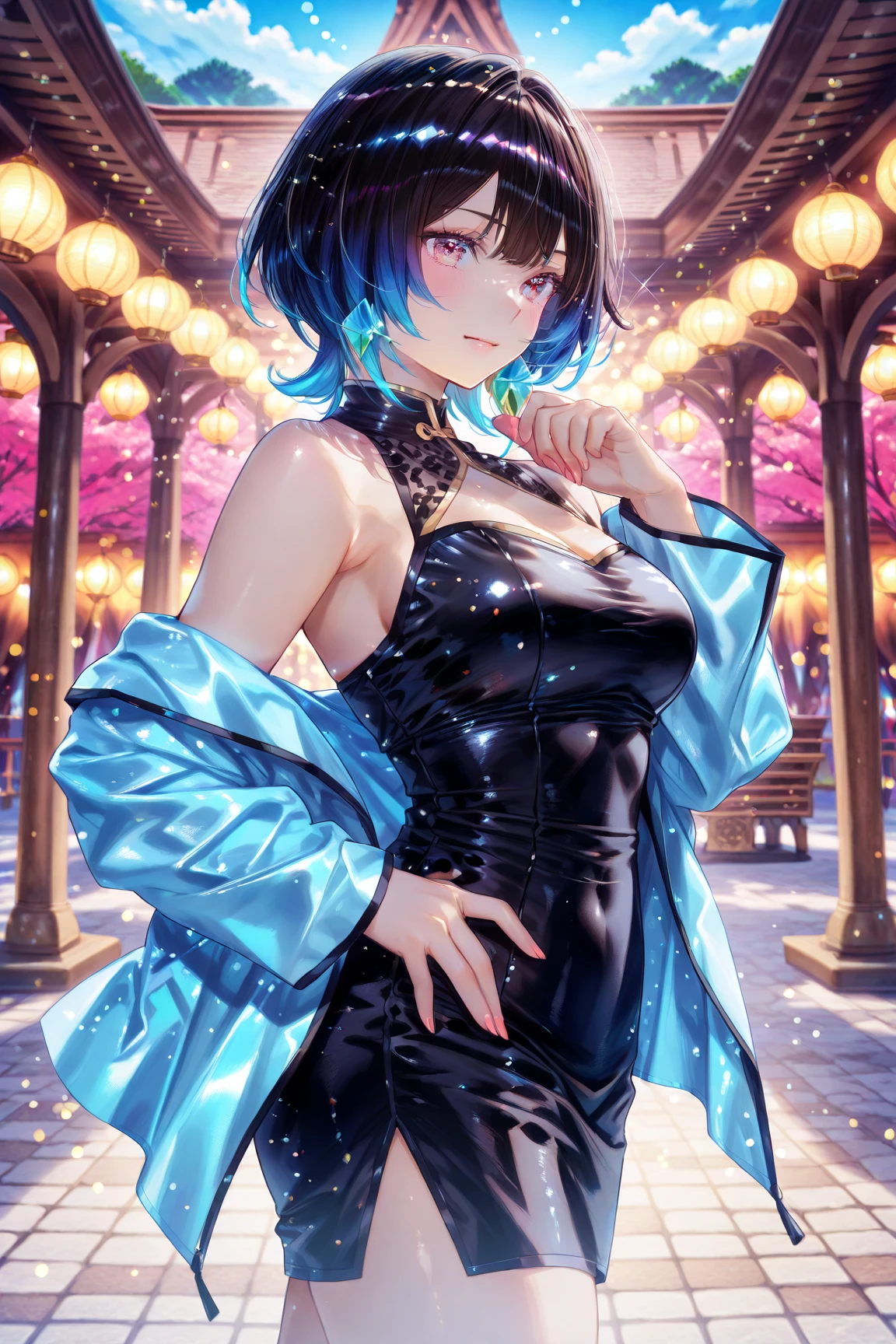 (masutepiece:1.3), (Best Quality:1.3), High resolution, Couboy Shot, I'm on the street with my arms outstretched and a big smile on my face.、Retro cityscape、Spread your arms、Hair color is purple、Short hair、Blue Mesh、Squat position、Vivid sea、Iridescent Sea、huge smile、Spectacular background、 Eyes are purple, Miraculous Eye、Beautiful detailed eyes, ultradetailed eyes、Glitter eyes,The sun's rays illuminate her so beautifully, (One Cute Girl:1.3), , Hair over one eye, Large breasts, Swim in the sea、Spectacular sunlight seen from the deep sea、Dress, Detached sleeves, Dress like a wacky fashion model、White pantyhose