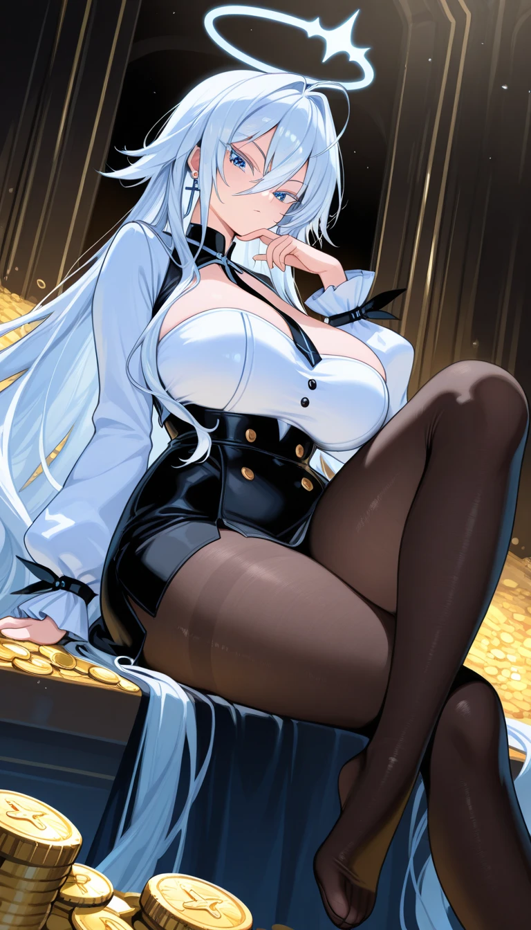 best quality,(1girl, solo, adult female, mature female), (hair ornaments:1.2, long blond hair, hair over one eye), 
fur-trimmed coat, cleavage, huge breasts, BEReaction, open mouth, blush, (looking down, movement lines), lactation, lactation through clothes, long sleeves, black outfit, cowboy shot, (grabbing own breast, breast squeeze:1.2), taut clothes, Breast expansion,kashino, cow_horns,maid outfit, solo,huge breasts, hand on own chest, blush,standing,cowboy shot, black thighhighs,