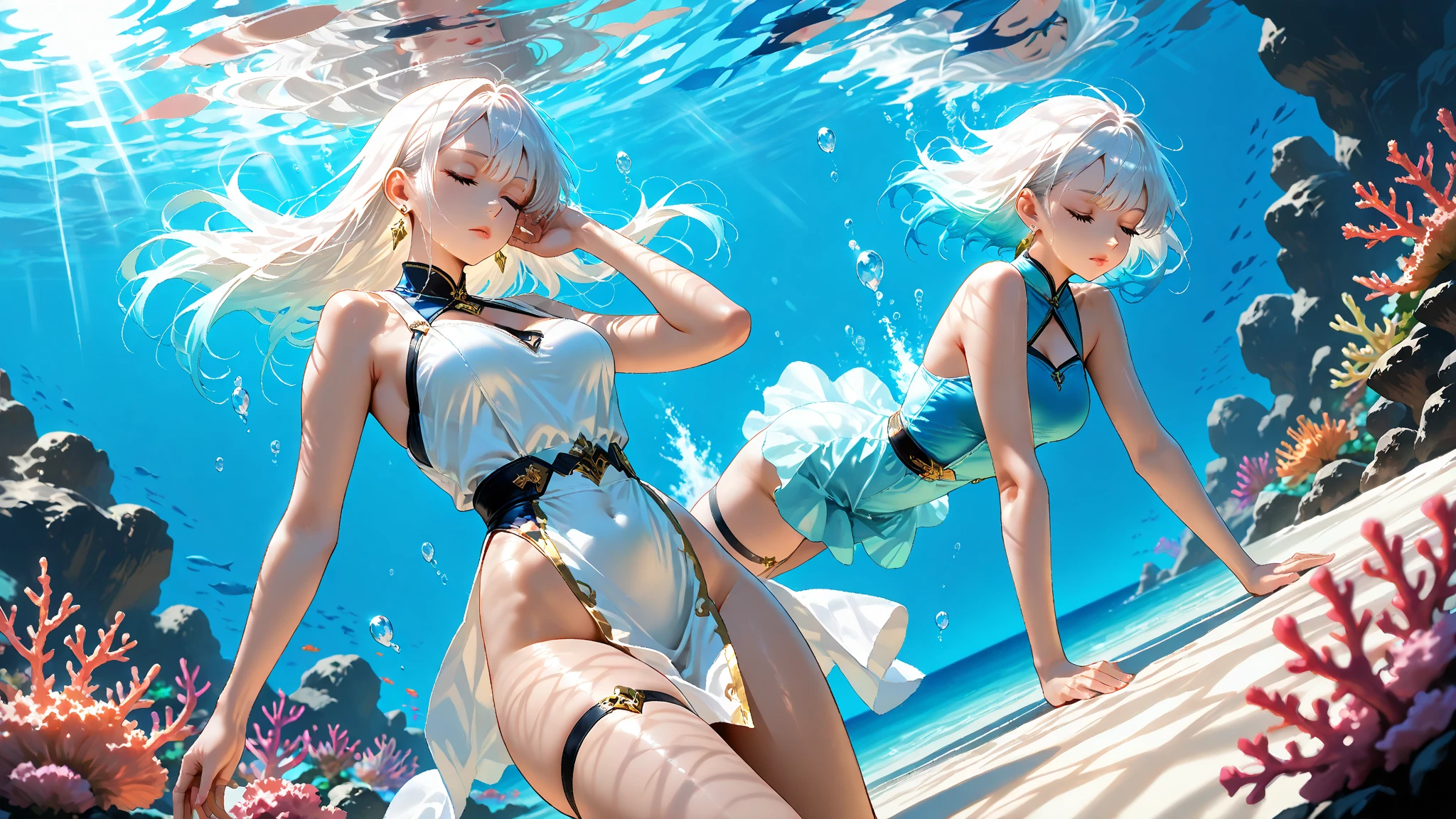 anime, cute女の子,Flat Chest,cute,(Jellyfish Girl:1.2), Red eyes, Put your arms behind your back,In the water, White Cross Halter Camisole, Black jacket, Black shorts, Silver Hair, Very short hair, {{blue highlights in hair}}