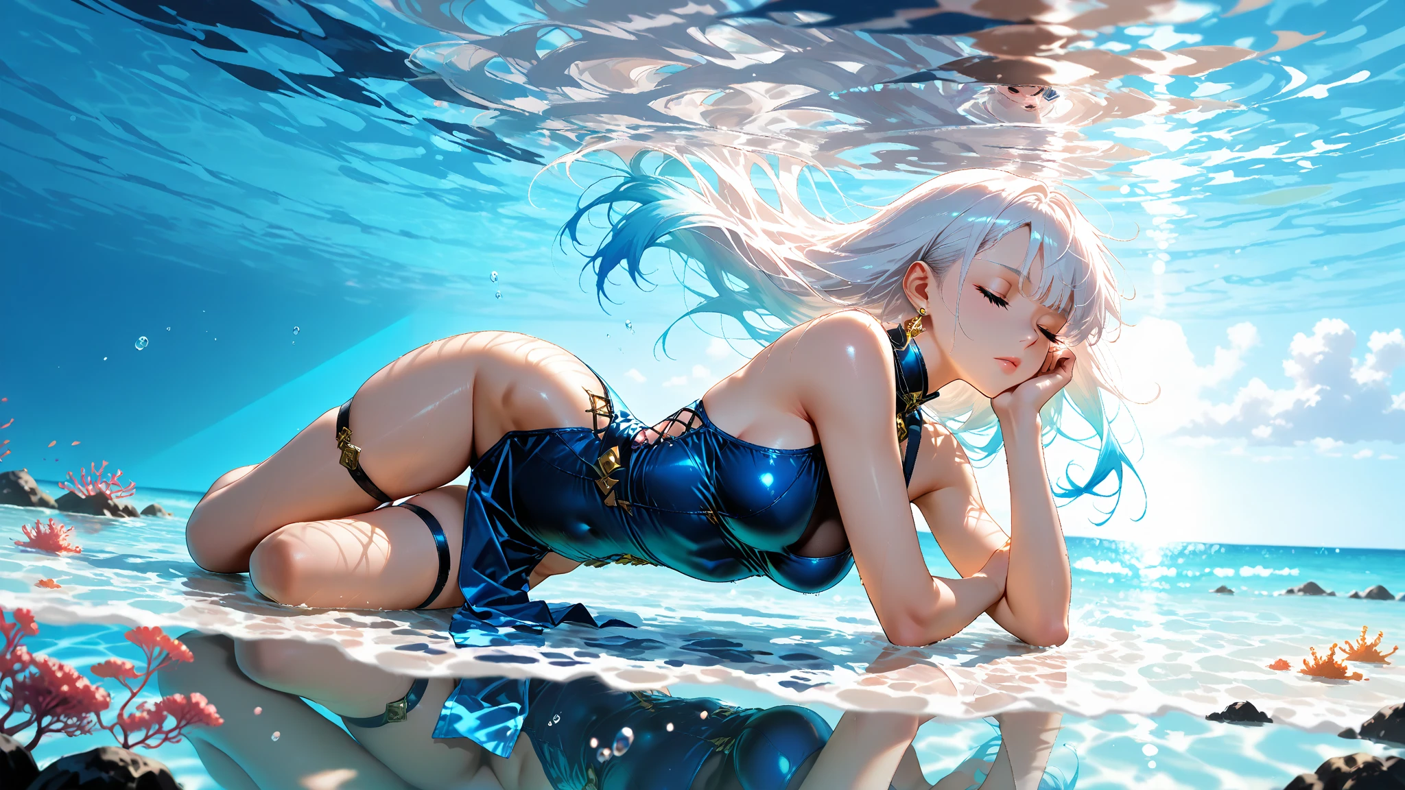 hyper-realistic of a mysterious woman with flowing silver hair, piercing blue eyes, and a delicate floral crown, laying on the water, whole body