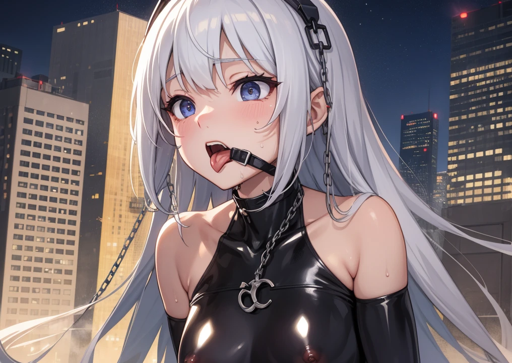 (absurdres, 8k, 4k, masterpiece, hyper extreme detailed:1.2), solo, 1girl, front view, portrait, best quality, perfect face, 1girl, portrait, solo, standing, Female, toned body, mature female, EJP breasts, , long hair, extremely detailed, hair over one eye, delinquent, sarcastic, swept bangs,gag, bitgag,standing up, , prison, (Futuristic, severe), woman wearing a straitjacket, white straitjacketwhite rough hair,Full body restraint,lap belt,gagged,bitgag, Restraint belts here and there ,arms bound, Confined,Red face, prison( Woman in the center of the room),in the jail,(arms behind back:1.5),dark background ,the viewer is holding her on a leash, leather collar, padlock, leather leash, submissivethe ,viewer is holding her on a leash, stroll_with_girl,stroll_with_priponer,viewer is holding her on a leash,(Chain leash, collar, Viewer Holding leash:1.4)