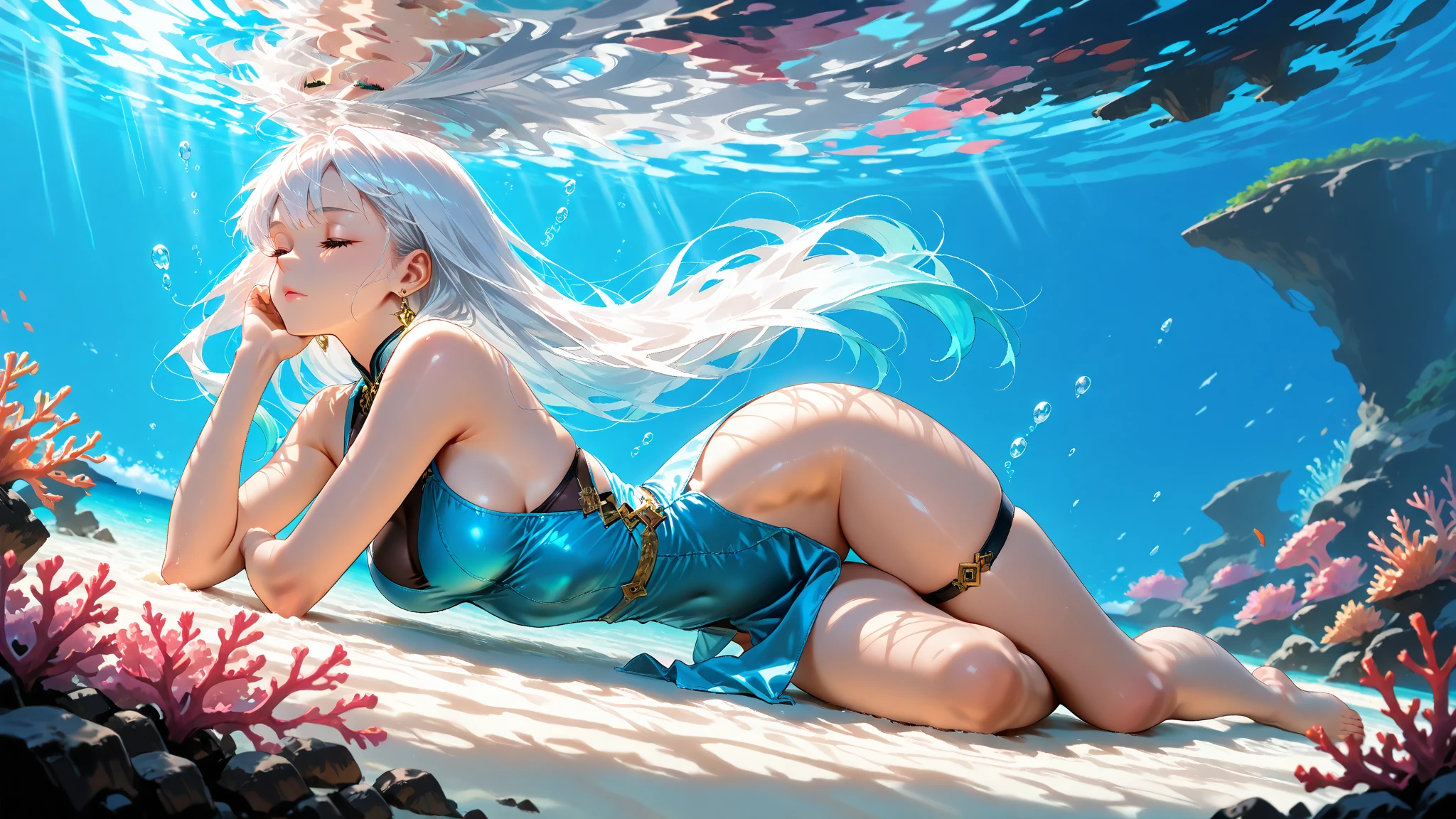 (best quality,ultra-detailed,realistic),portraits,medium:oil painting,(HDR,studio lighting),vivid colors,sharp focus,physically-based rendering,(A lovely siren),beautiful detailed eyes,beautiful detailed lips,extremely detailed eyes and face,long eyelashes,(light green skin),(aquamarine eyes),blue-green color tones on the face,(coke bottle figure),(blessed proportions),(sea foam green hair ankle length),flowing hair,(dressed in tatters),tattered clothing flowing in the wind,(age 20),serene expression,graceful pose,emerging from the ocean,sparkling water droplets on skin and hair,faint shimmering scales on the legs,gentle waves in the background,strands of seaweed entwined in the hair