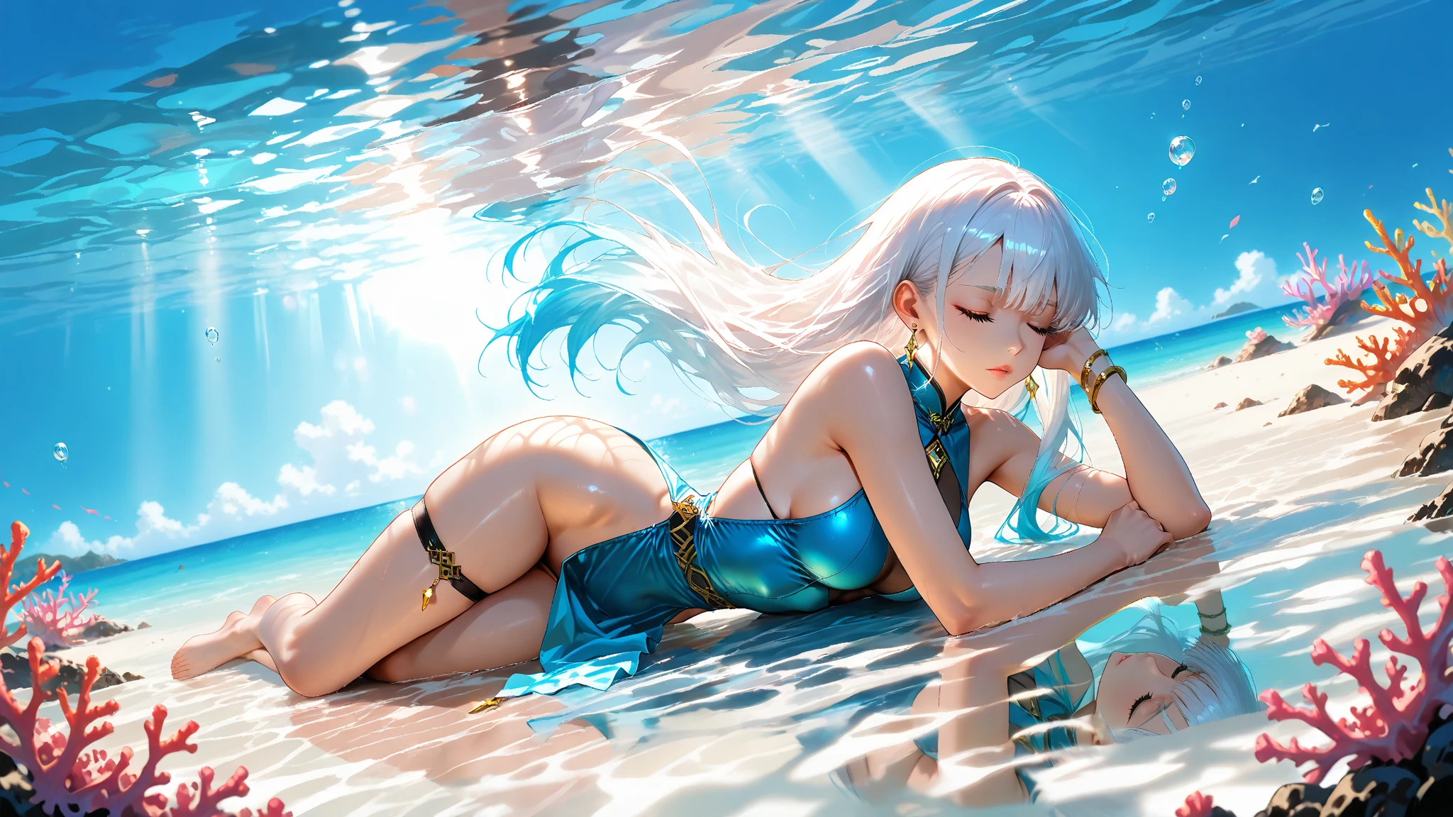 Best quality at best，nabel，比基尼，hand on her own chest，The halo，full bodyesbian，wide blue eyes，Raised sexy，8K，，Beth，By the beach，lacepantyhose,with her mouth open,Open your legs,cute big breasts鼻子,cute big breasts，The mouth is relatively large,The legs are relatively long,Big chest,The eyes are relatively large,long whitr hair，The eyeballs are relatively large,Eyes sparkle,Naked foot,The nose is relatively large,white color hair,No shoes，prette,bikini,at a forest,Long legs,cute big breasts脸，vagina，Being fixed in a running posture by a little boy，A little boy is watching，把时间停止定住了cute big breasts少女