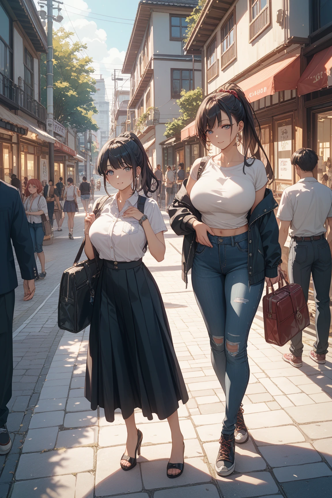 mujer en la calle de tokio, com mini falda blanca y escote negro.