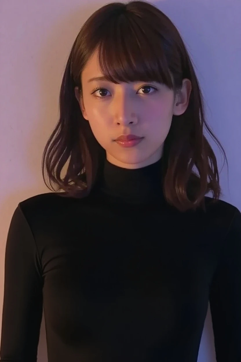 best quality, photorealistic, 8k, high res, 1girl, woman, (), (portrait:0.6), ((cityscapebackground:1.52)), full color, ((smallsize round , highneck sweater:1.5)), straight-looking at viewer:1.8, (1girl eyes looking at viewer:1.45, medium-length hair, blackhair, partedbangs:1.45), (bokeh),   <lora:CBAV-yua2:0.69>