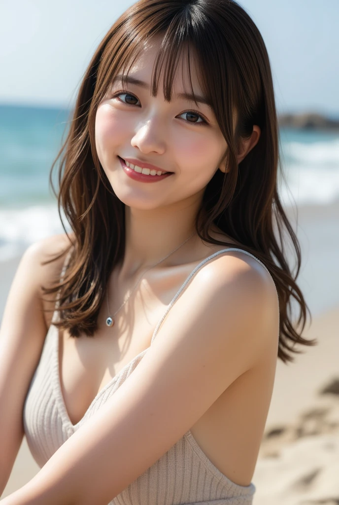 Tabletop, highest quality, shape, Very detailed, finely, High resolution, 8k wallpaper, perfect dynamic composition shape, Beautiful and exquisite,Studio Light, Written boundary depth, Upper Body, thin, cute顔, smile, Beautiful details in the eyes, 19 year old Japanese, cute, Voluminous curls and warm blonde color, Plaza, casual,Being on the beach、Wearing a white tube top、Random cute poses、smile、Hair blowing in the wind
