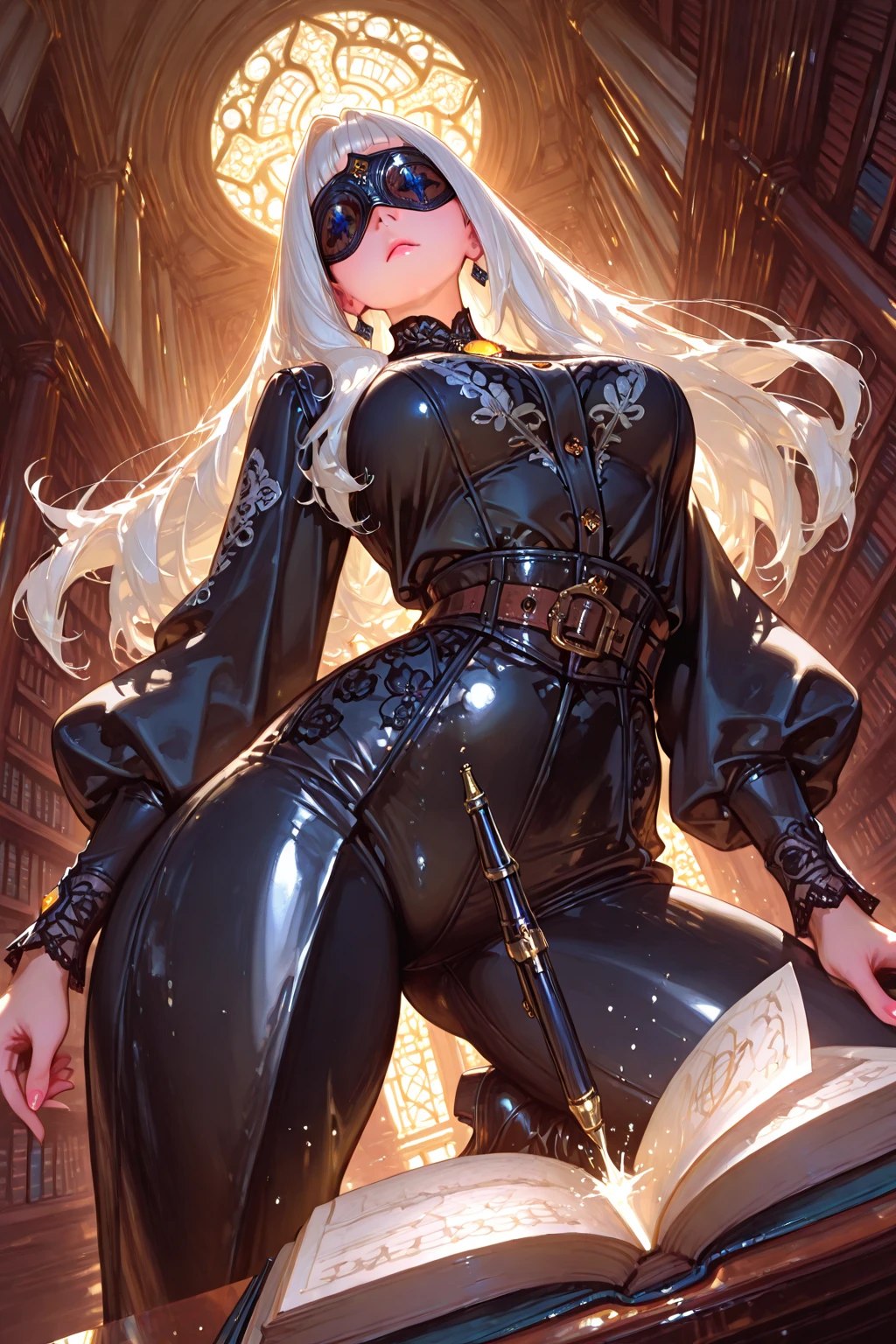 She has a silver bionic arm from the elbow down on the right side, she’s also wearing gold and silver bangles on her wrist. She comes wearing some lacy black leggings which is attached to spandex, she’s also wearing a black lacy bralette.

She has brown eyes with two shades of blue for her eyeshadow, one is bright and the other is light with glitter, she also has big cat eyeliner and black mascara. Underneath her right eye is a painted lightning bolt and underneath her left is a beauty mark. She has glittery pink lipstick, and crimped beach blonde hair with bangs and yellow underneath.

Her outfit consists of a silver and gold plastic corset bodice piece (that snaps in two), she has heel-less heel boots that’s a black blue-purple metallic color. The boots are silver on the bottom and on the underside they have gold studs and zippers on the back. She has a black glittery jacket with silver inside that’s also glittery, she also wears a black and grey layered skirt.

Her hat is black and gold with a gold key hanging off of it. To top off the look she wears black glasses with a lightning bolt attached to it. SPARKLE; GLITTER