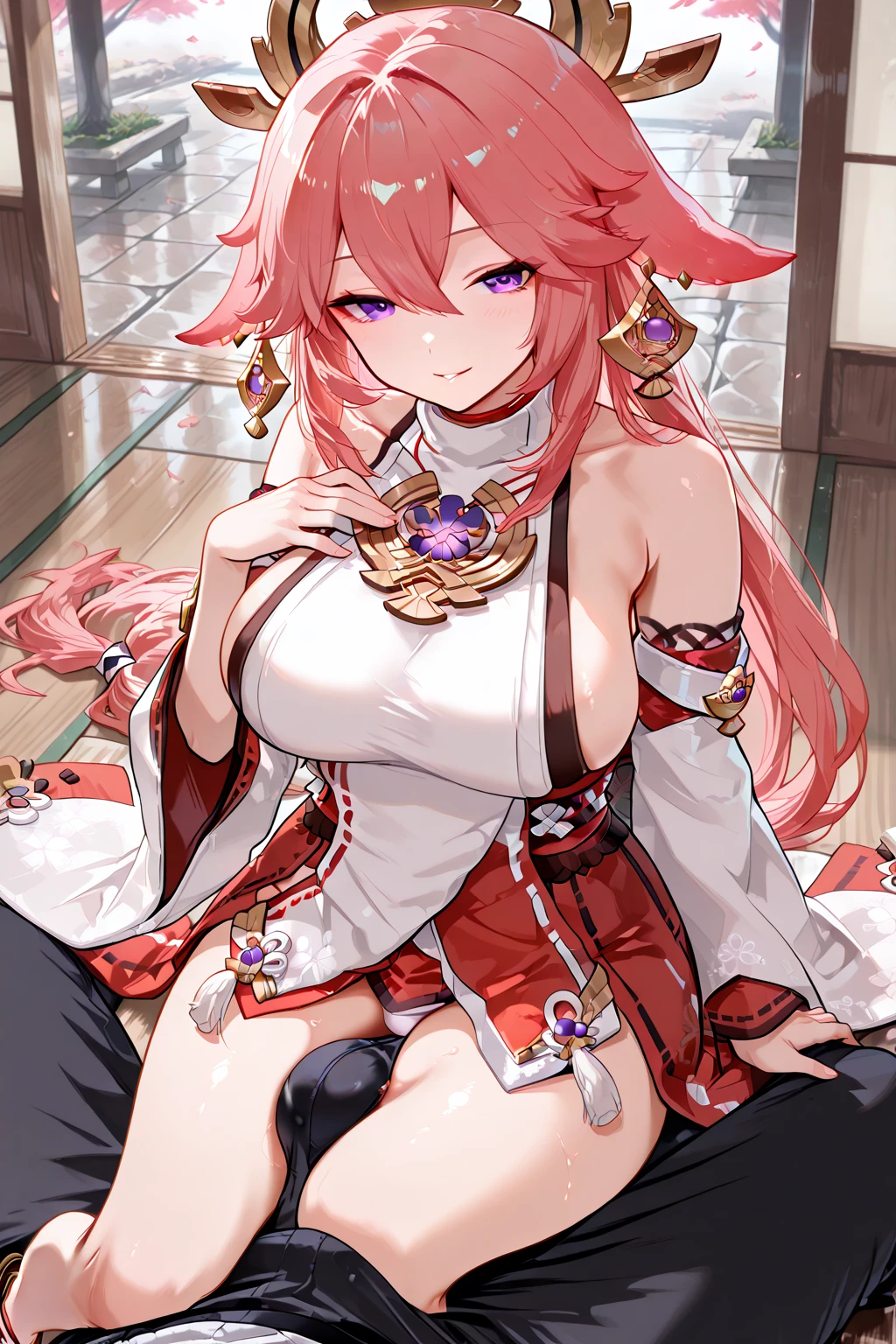 1 girl, Yae Miko, Genshin Impact, kimono, sitting on a table, Japanese style room, her head resting on one of her knees, side boob, large breasts, mischievous smirk, finger touching her mouth