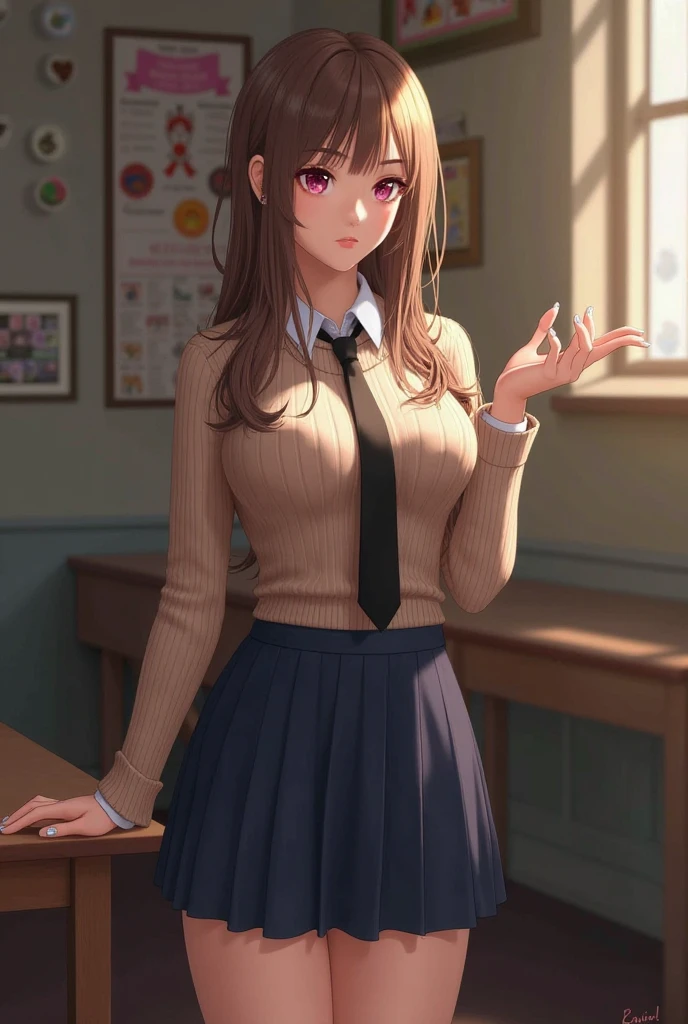 best quality, masterpiece, highres, detailed, perfect anatomy,  <lora:Detail - more_details:0.2>,  Judie_OiaL, brown hair, low ponytail, braids, medium breasts, <lora:Judie_OiaL-10:0.8>, from side, smile, living room, relaxing, student uniform, 1girl,