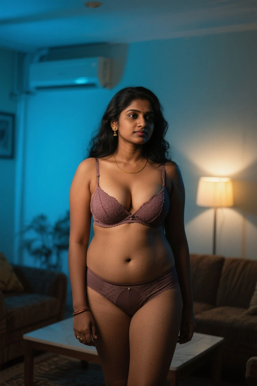 14 year old, female, Indian, light brown skin, curly short black hair, dense long black pubic hair, big expressive eyes, light brown pupil, looking at the viewer, seductive look on the face, overweight, pink bra, sitting on the bed, legs spread