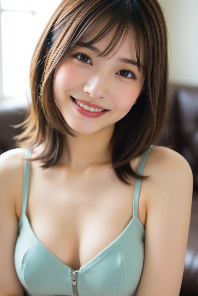 Highest quality, Realistic, 8k, High resolution, Realistic, detailed, Skin Texture, 超detailed、(Very cute girl、beautiful girl)、Delicate and sexy collarbone、((アイドルsmile))、非常にdetailedな顔, detailedなlips, Delicate eyebrows、colorful、Standing full body photo、Stylish bedroom with morning sunlight streaming in、smile、 (Hunchback:1.2、Her cleavage is visible: 1.6), (Whole body 1.5, small: 1.8)), (((Wearing a white tank top:1.3))),((Transparent shirt:1.2)), Realistic, (Bokeh), (Floating Hair , lips,), (small胸,、Flat Chest)、Attractive eye reflection