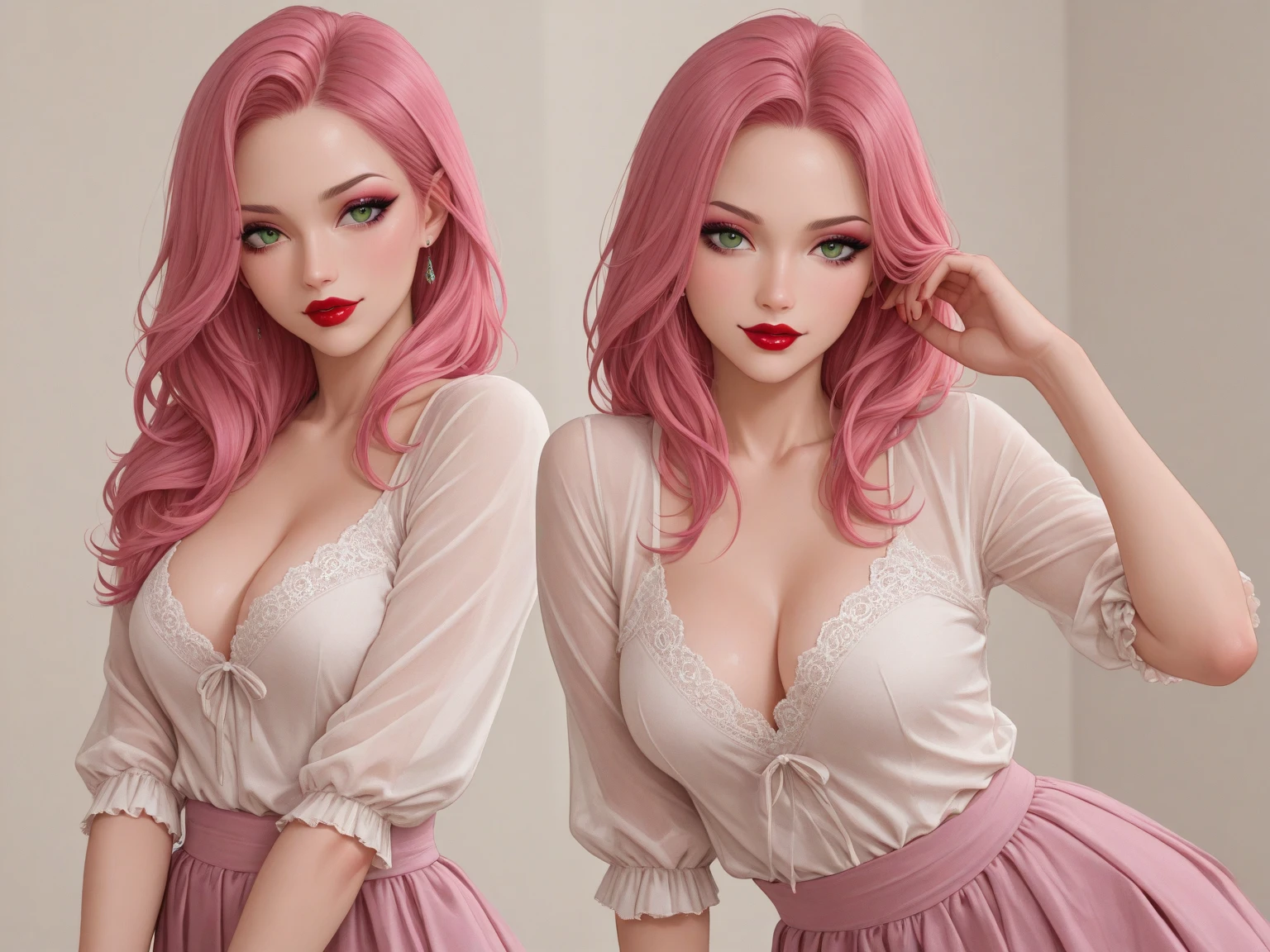 (best quality), (masterpiece), (ultra hd), 8k, 1 girl, green hair, purple eyes, big boobs, tattoed, white dress, cleavage, slim body, (transparent background), charming face, sexy pose, showing her bra