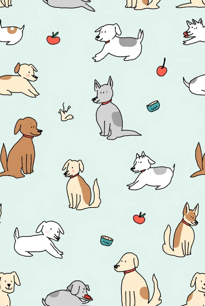 Seamless pattern of cute cartoon dogs in various breeds and poses, such as sitting, sleeping, playing, and eating, drawn in kawaii doodle style, soft pastel colors (brown, cream, gray, white, black), light blue background, simple hand-drawn outline style, high detail, repeating tile, perfect for fabric or wallpaper design
