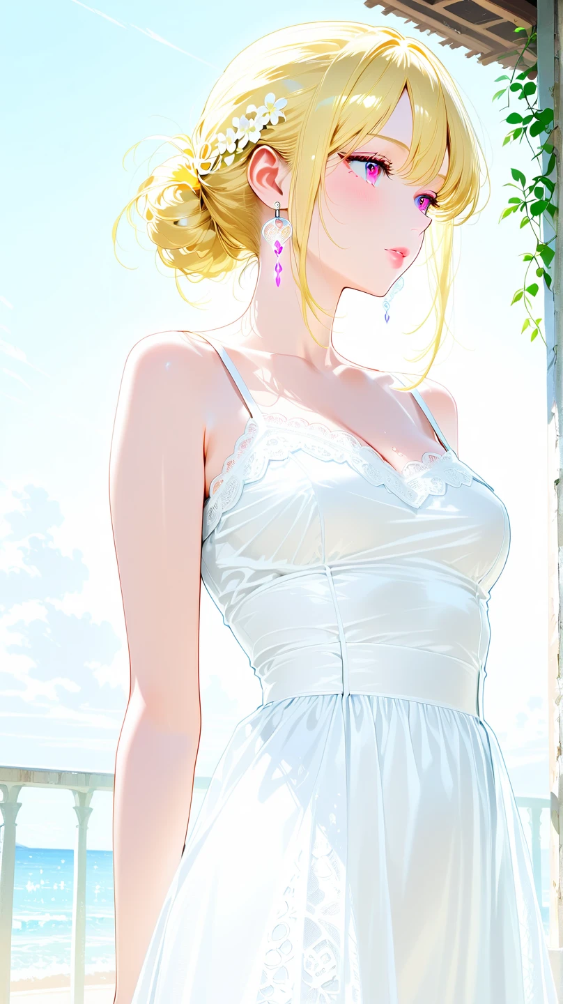 score_9, score_8_up, score_7_up, score_6_up, score_5_up, score_4_up, 1 girl, anime,blonde hair,masterpiece, medium breasts, 20-year-old, cowboy shot, dress