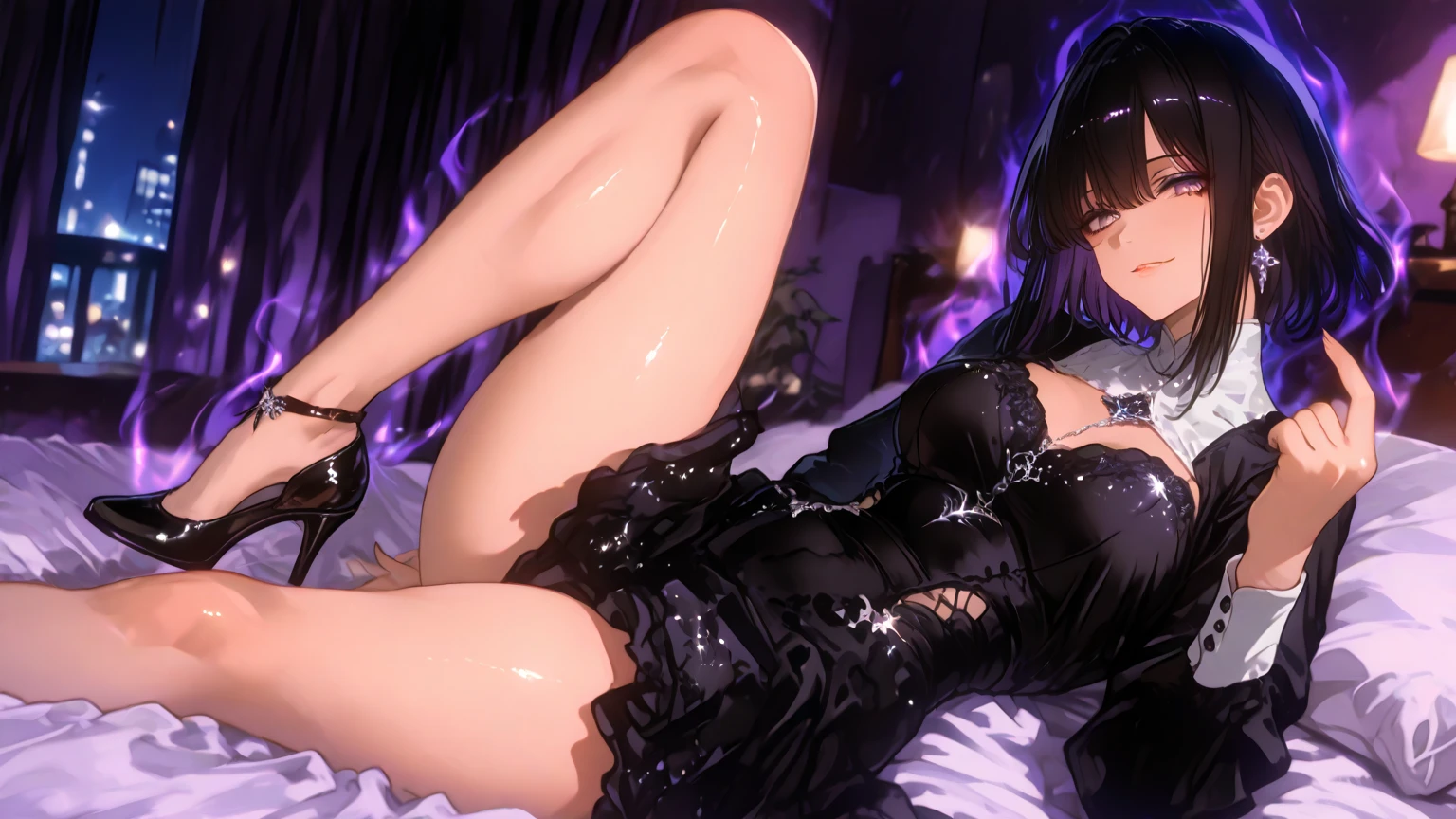 One young and beautiful woman,(Highest quality,Extremely detailed depiction,Incredibly absurd high resolution,Anatomically accurate depiction,A face with attention to detail, Eye for detail,Perfect body,Two curvaceous legs),(Glowing Skin,Shiny skin,Oilskin),Flower and willow woman,Navy blue party dress,Shiny black pantyhose,eyelash,eye shadow,eyeliner,mascara,Luxury accessories,Black high heels and shining purple eyes,(Slender and looking down:1.3),Crazy Eyes,Condescending expression,Glossy Lips,Sweat,whole body,sitting on a plush sofa with one's knees raised,resting one's arms on the back of the sofa,From below:1.2