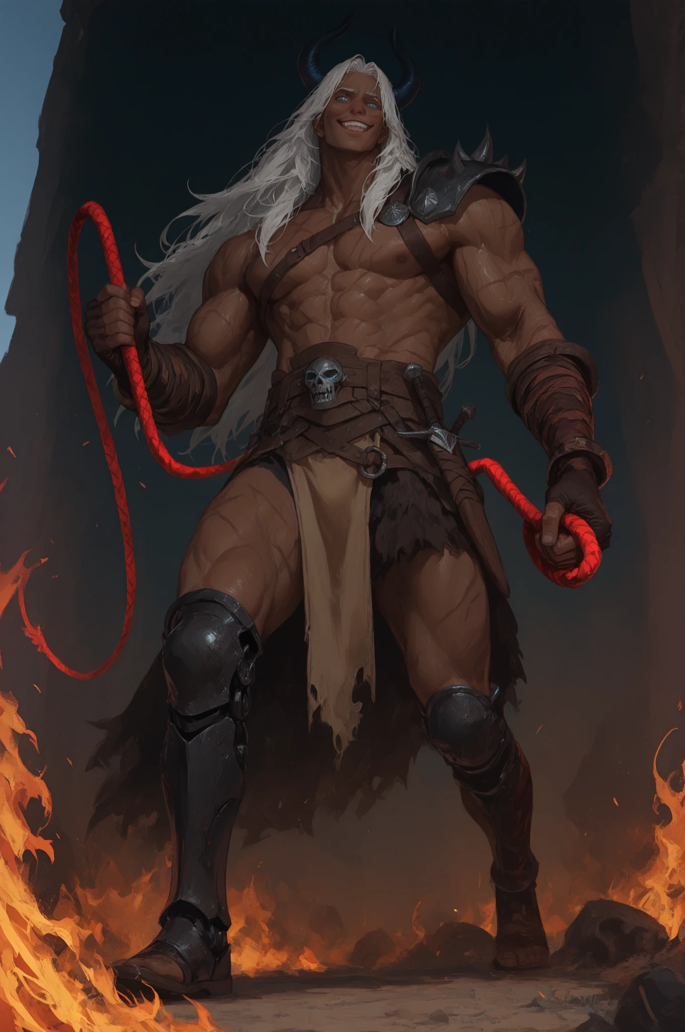 Demon king, topless, hairy body, horn, elderly, bear body, bloody, chain,