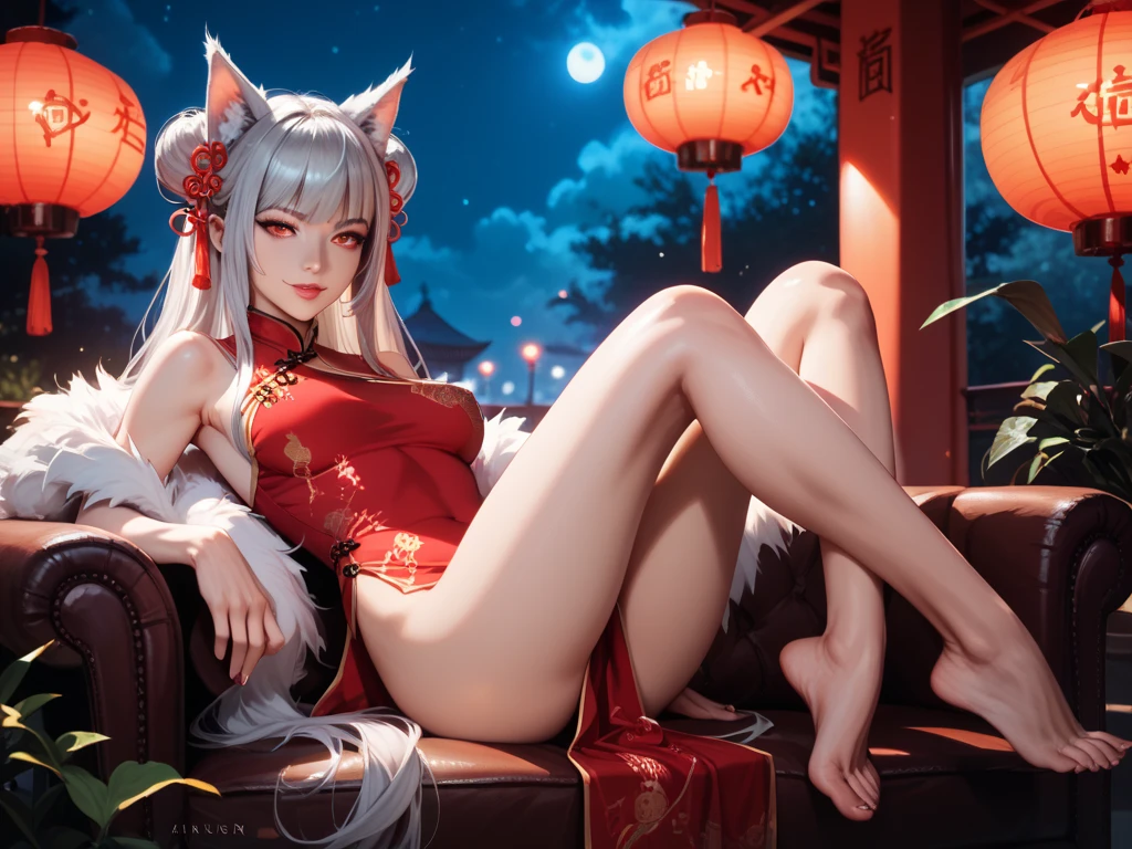 Need,tmasterpiece,Pink gradient to gray hair,Golden eyes，Look ahead,full bodyesbian,Hairline,Fair skin,Hair flying，ssmile，White tights，White knee-length socks，Beth，The hand emits flames，Titillating，White animal ears，The butt has a white fox tail，Taoist uniform，Maoshan Taoist，Zombie suit