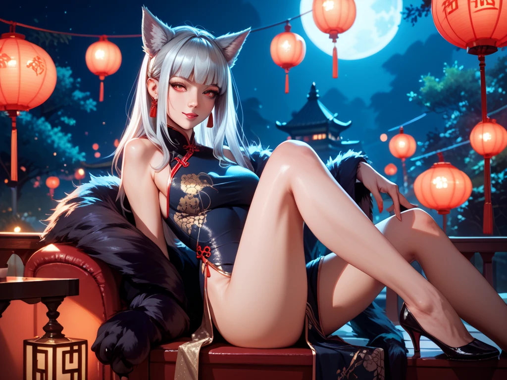 A mature woman with long silver hair and straight bangs,red eye,wearing a red sexy fancy dress,and wearing a fedora hat woman,thug smile to camera,sit on the chair at night club,scenery fancy and beautiful around,A white tiger was behind her lying relaxed