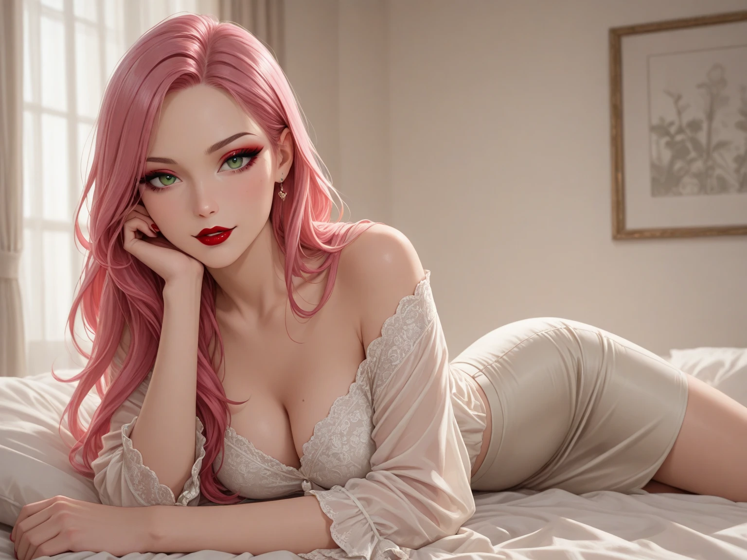 Movie footage of Mario Bava's horror movie, Full Medium Close-up, Gorgeous 18-year-old woman resembling Bella Thorne, long red hair, soft pale skin, Pretty and young々Shishi Face, Well-defined eyebrows, Light blue eyes, delicate nose, plump round lips, thin and long legs,White high heels,Sleep in a Gothic abandoned church wearing white lace underwear at night, Foggy and rainy conditions, Ghostly atmosphere, 1600s, (high skin detail: 1.2), Ultra-detailed, Photorealsitic, depth of fields, Cinematic lighting, IMAX Camera, nffsw, nffsw, Full-HD, 8K,open one's legs,Naked,barechested,sleeps in a bed,closing eye,embarassed face,Sleeping Girl,Shot from the top of the bed,Sexy face,Open,