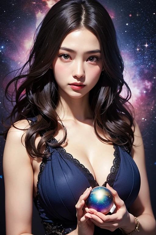 {inside:1.7, planetarium:1.1, Starry sky, constellations, full of stars, night, midnight}, (20 yrs, Japanese Female, Solo: 1.3), dark hair, curly hair, pretty face, idol, shy smile, (shiny skin, smooth skin, slim body1.1, full body), 8K, best picture quality, masterpiece, raw photo, super quality: 1.2, attractive, dramatic lighting, beautiful eyes, perfect anatomy, look at me, (wide angle: 1.3 , posed, candid, facing front), (nsfw: 1.5, big tits: 1 .7, cleavage, idol costume, open chest)