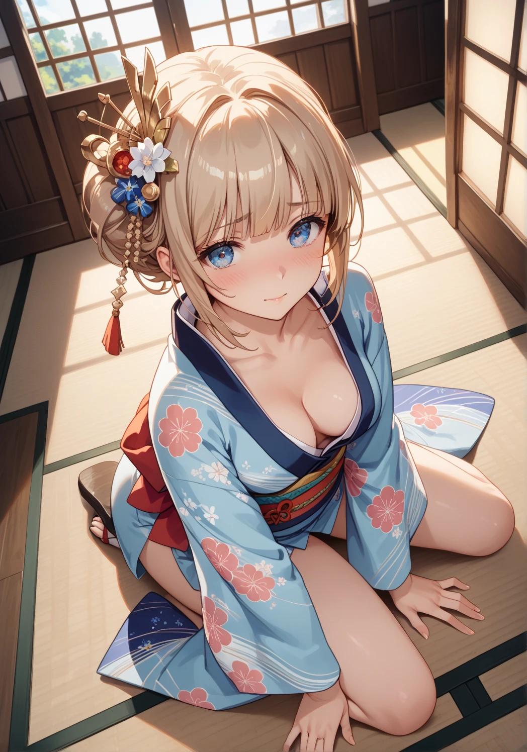 character//1 girl,((light golden hair:1.2)),((loosely tied long ponytail:1.2)),((Ponytails are fluffy and voluminous)),((Luxurious hairpin in a hair knot:1.3)),((A horn grows from the forehead1.6)),((demon cosplay girl:1.4)),BREAK//((Fluttery dress with a wide open chest:1.4)),((The hem of the dress is stepped々The frills give it a gorgeous feel.)),((The pattern of the dress is a Japanese pattern with prominent peony flowers.:1.5)),((The hem of the dress is long enough to cover your legs.:1.3)),((one piece color、white, red, pink, yellow, and light blue)),BREAK//,((no background:1.2)),((close up of face:1.2)),