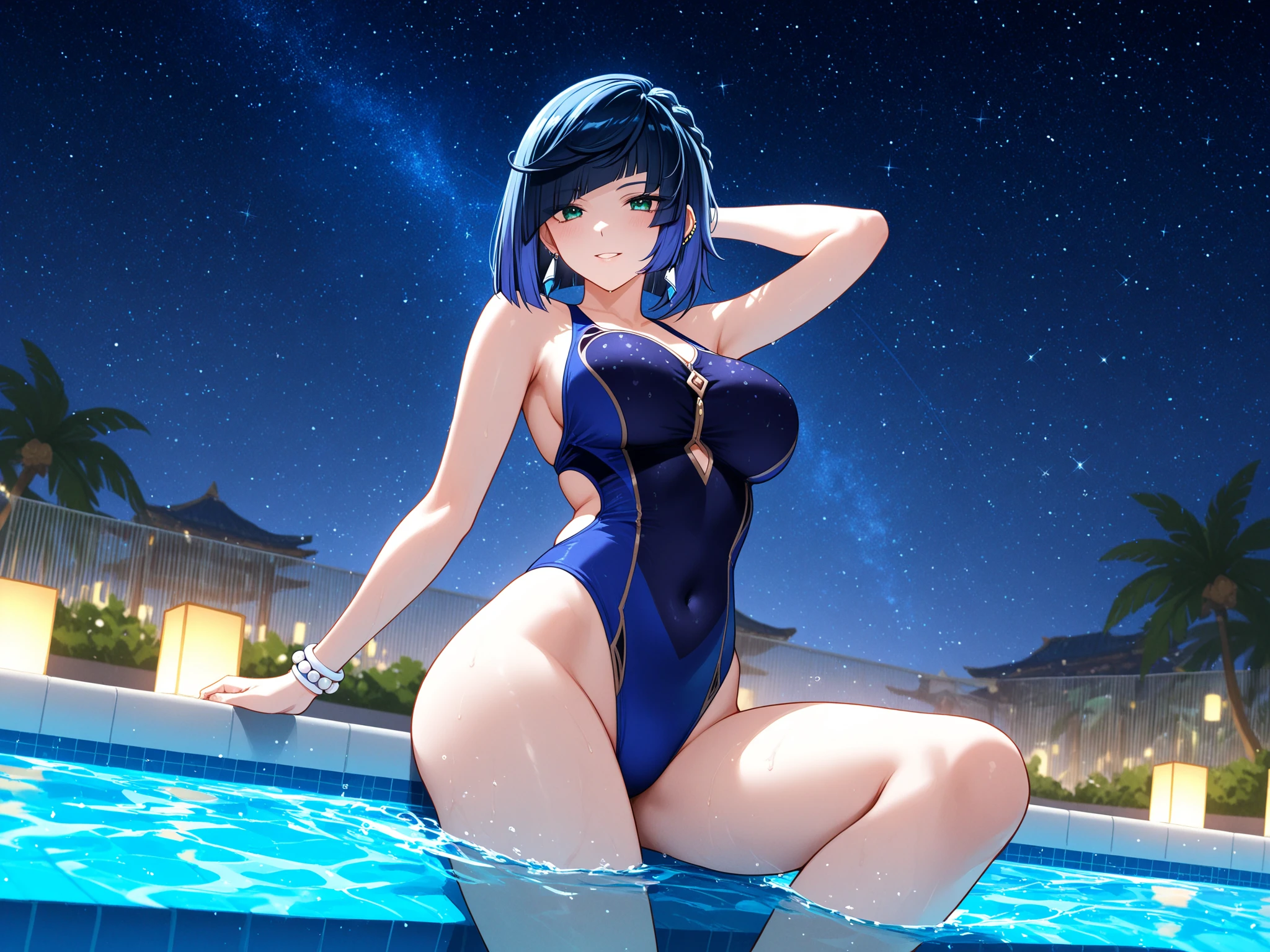 Swimsuit design:Blue colorful swimsuit。Hot Spring Background:The hot spring is an open-air bath and a green place。PINK bottoms、Highest quality、Highest qualityのフルレングス画像、Highly detailed anime super detail、masterpiece、Anatomically correct、Detailed handother 1.6)、8k、Moisturizing Skin、Detail Eyes、Shiny hair、View from the front、Standing with your legs apart、Showing the whole body