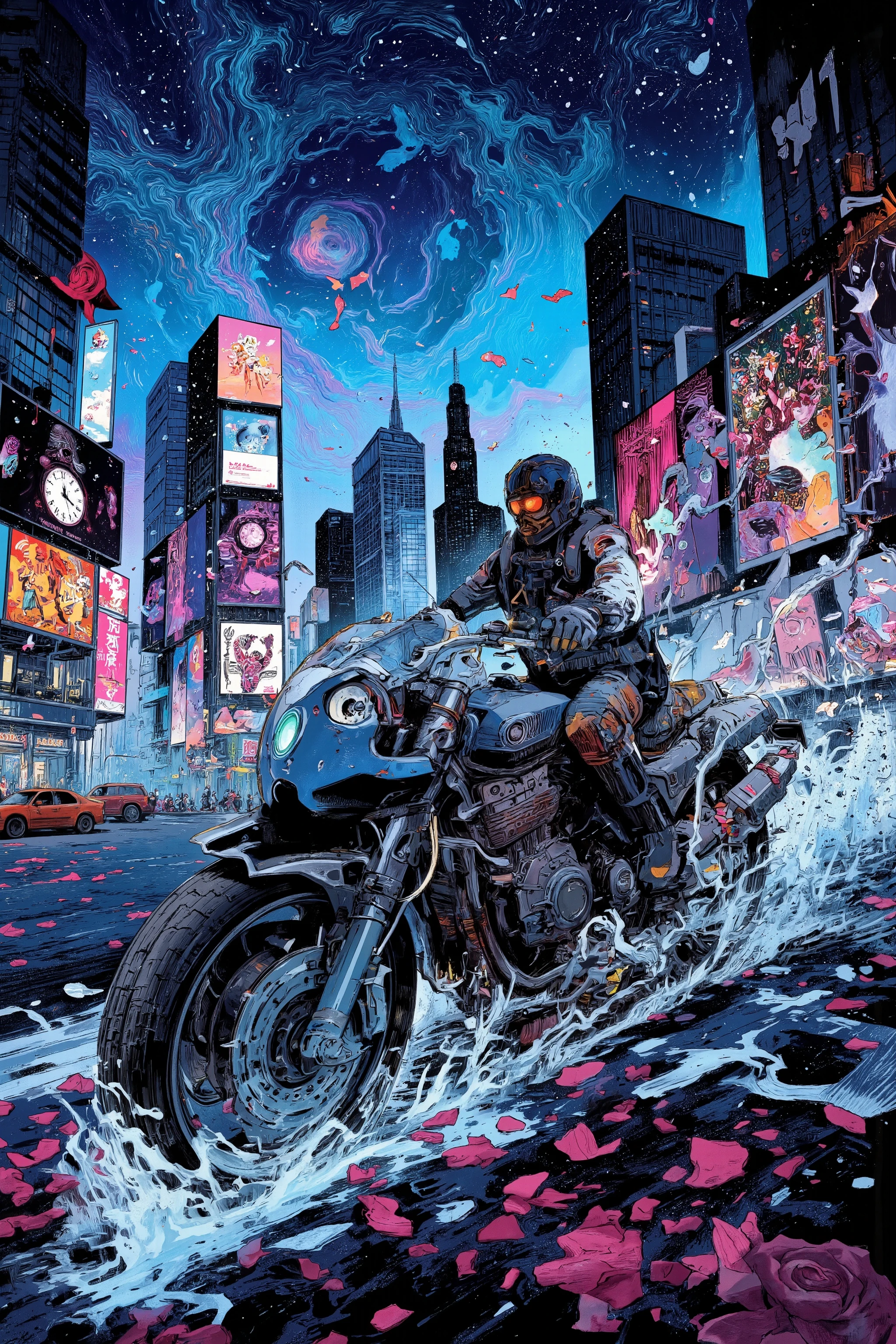 Times Square motorcycle drawing、Hallucinatory Art 、 dmt Death of Ego 、 Psychedelic Horror Blue Sky 、 highly detailed fantasy art 、 DMT Egodes 、 Shamanic Fear 、LSD art、clock、collage、 Neon Sign 、butterfly、 Rose