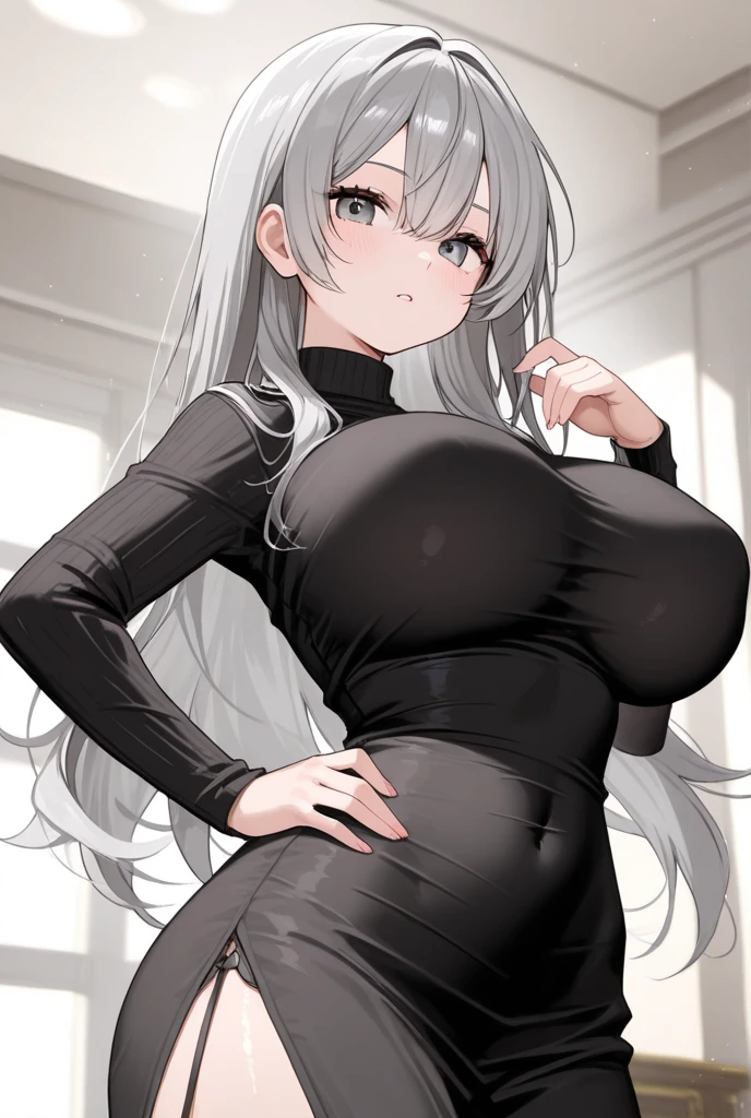 Hot sexy beautiful cute milf, black tight knit dress,long big chandelier earrings,big breasts, lipstick,makeup,white hair,hair bun,two falling hair strands,blush, full body
