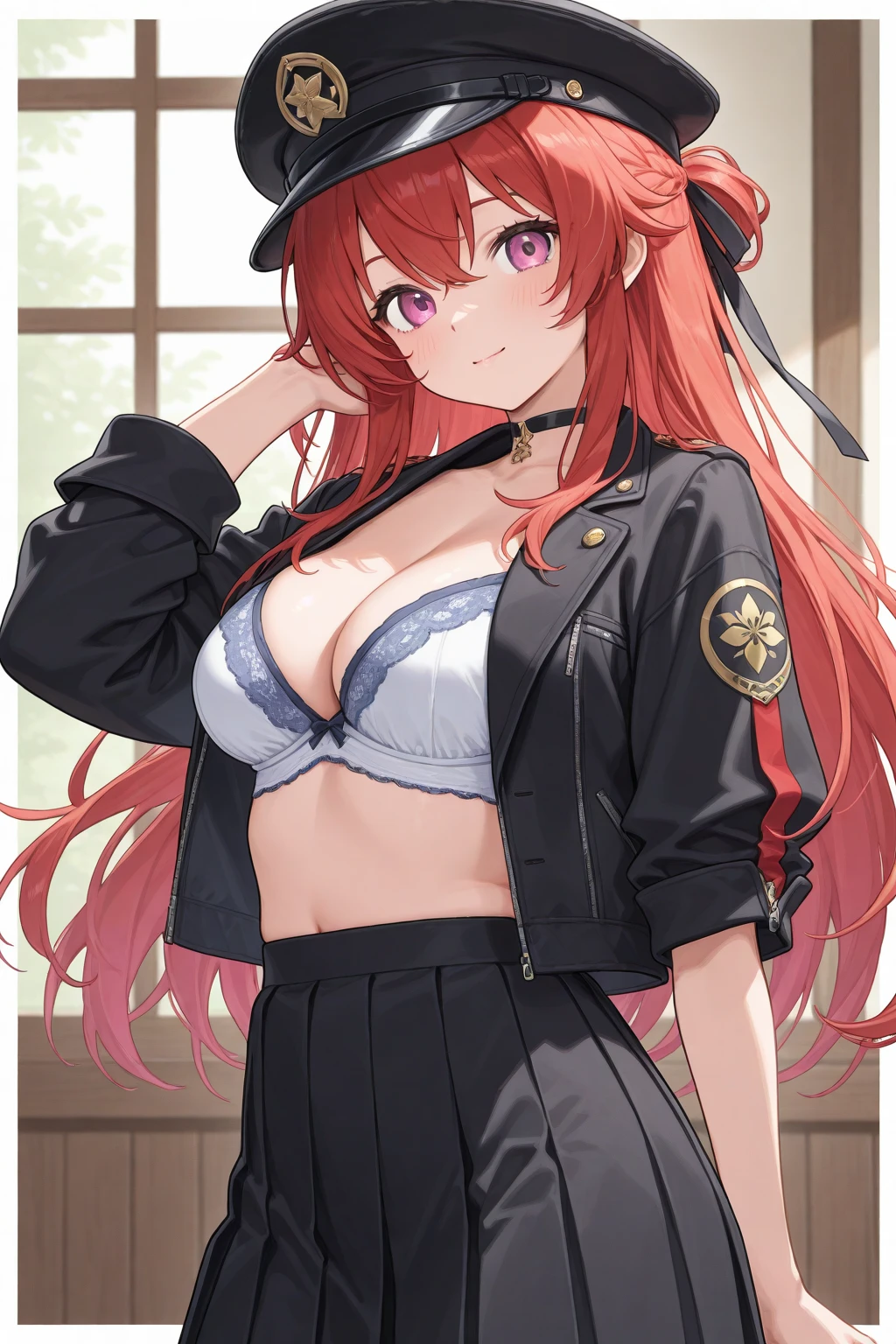 An anime girl with red hair and blue eyes wearing a skirt and an open shirt revealing a black and red bra