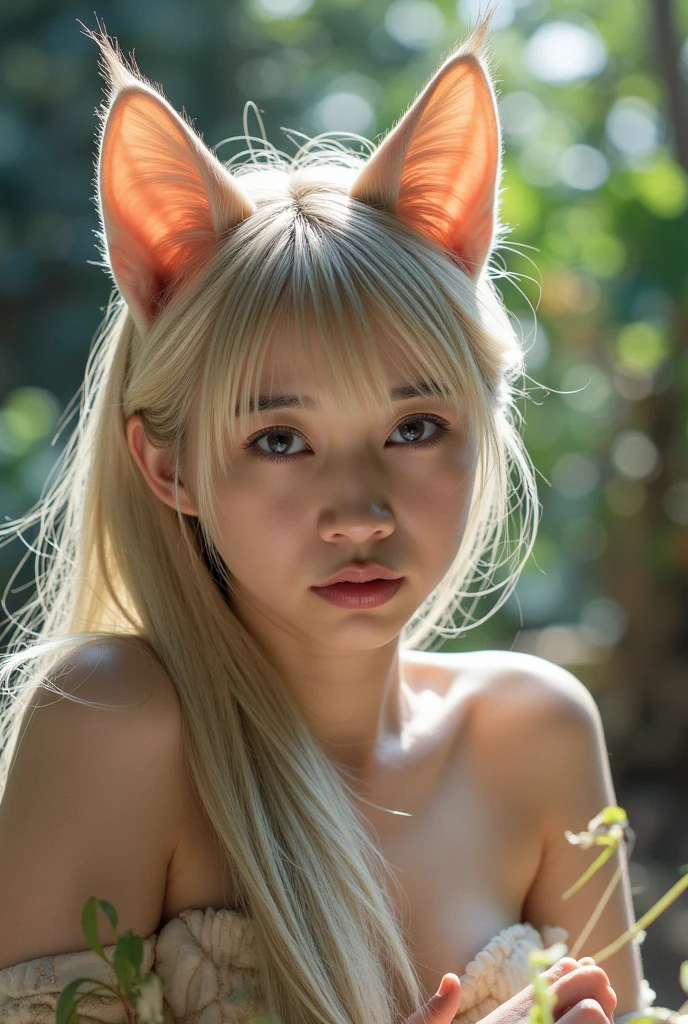 Mayumi, (fullnude_Pupils), yellow_hair, Side_braid, animal_Ears, masutepiece, Best Quality, Ultra-detailed, Solo, 1girl in