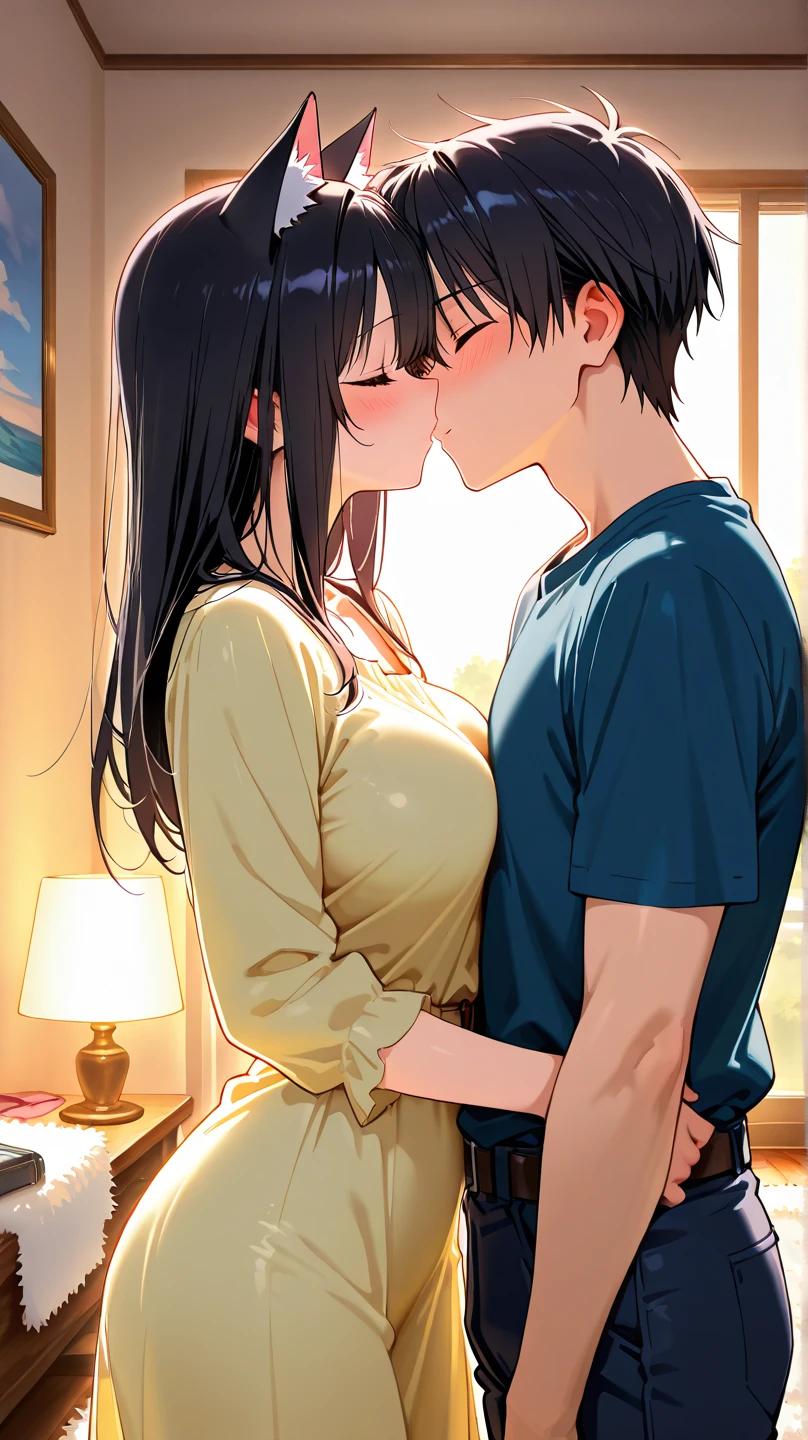 The perfect human body、((1 little boy)),1 Girl、Couple、Heterosexual、 Browsing Caution, ((Actual, bedroom)), (Highly detailed background), (((Standing next to a girl、Man kissing a girl、))), Oversized white T-shirt、mini skirt、clavicle,Oversized breasts, Convex milk,((Woman with fever)), ((sweating,humid,Senior year))), 、、((Korosse's face turned red.), 大男子气概的男人Standing next to a girl、View your viewers,