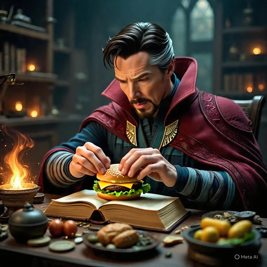A photo of ((Doctor Strange )) cooking steak, dark background, studio light, photorealistic, hyperrealistic, 8K, natural colors