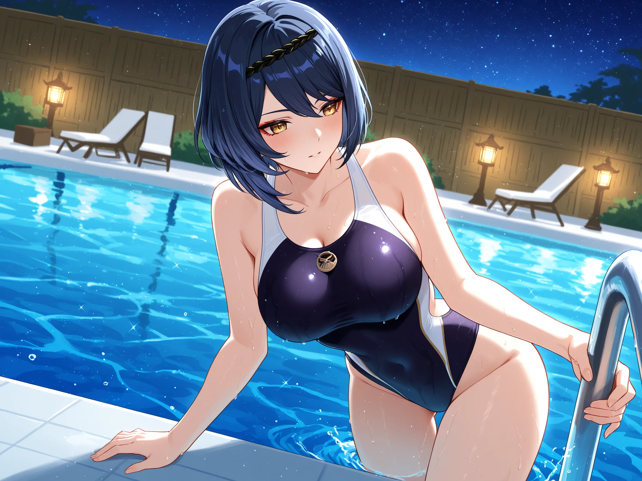 (1.5 girl:, Sitting under the table with a smile beam on her face, (1.5 hugely endowed:), Revealing a captivating cleavage in a blue competitive swimsuit, (2.0 high legs:) elegantly crossed, A 20-year-old seductive anime girl in hyper quality and very detailed 3D, 8K, high resolution, Sporting medium-length black hair and a black eye adorned with a sporty hairstyle.