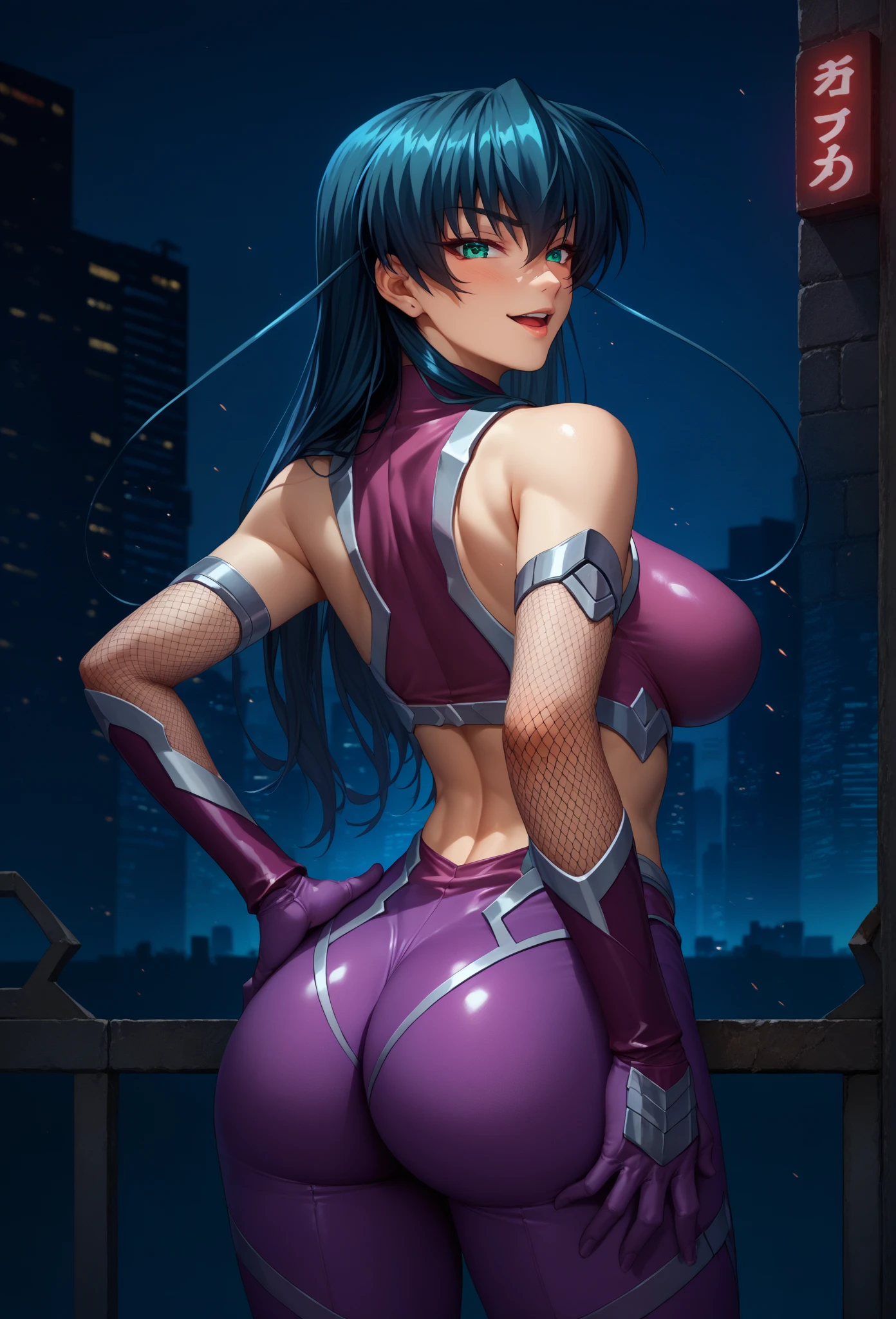 Green eyes, white skin, red lipstick, round ring earrings in each ear, long, plump. Simple background, head to waist, 8K, high definition, animated, white skin, beautiful figure, beautiful face, clean, bright, highlights in eyes, beautiful line drawing. Purple hair mixed with bangs, full steam, smiling, pout, long hair, blue hair, eye shadow, purple mesh, night cityscape in background, purple hero sunglasses, hero suit, full body tights, gold gloves, gold boots, strong aura,