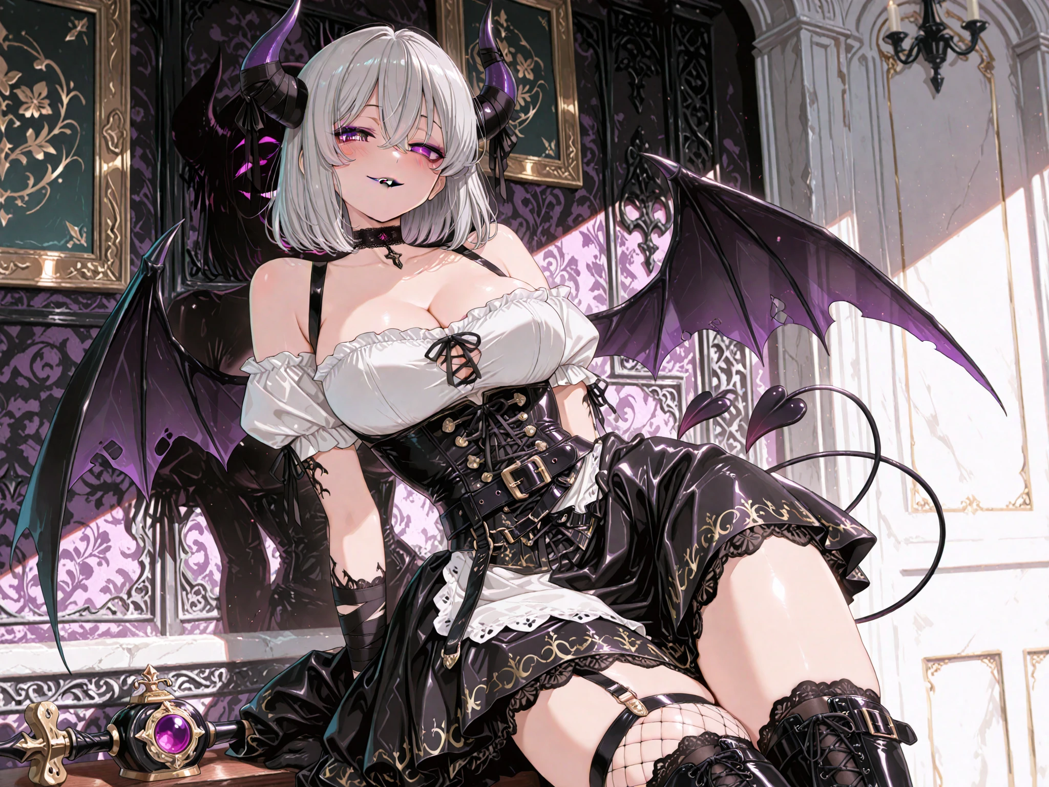 ((highest quality)),(ultra high resolution),(Super detailed),(detailed description),((best CG)),(best work of art),super precision art,great drawing art,(Art with precise details:1.5), (one female demon:1.8),(beautiful and well-shaped face:1.5),(Snake's Eye:1.5,(flashy makeup:1.6),(bewitching smile:1.6),(Exquisitely detailed lingerie:1.4),(Nasty tattoos:1.5),(Beautiful leg lines:1.5),(Provocative sexy poses:1.7),camel toe:1.5, (destroyed church:1.7),(broken cross:1.5),(withered flowers:1.6),