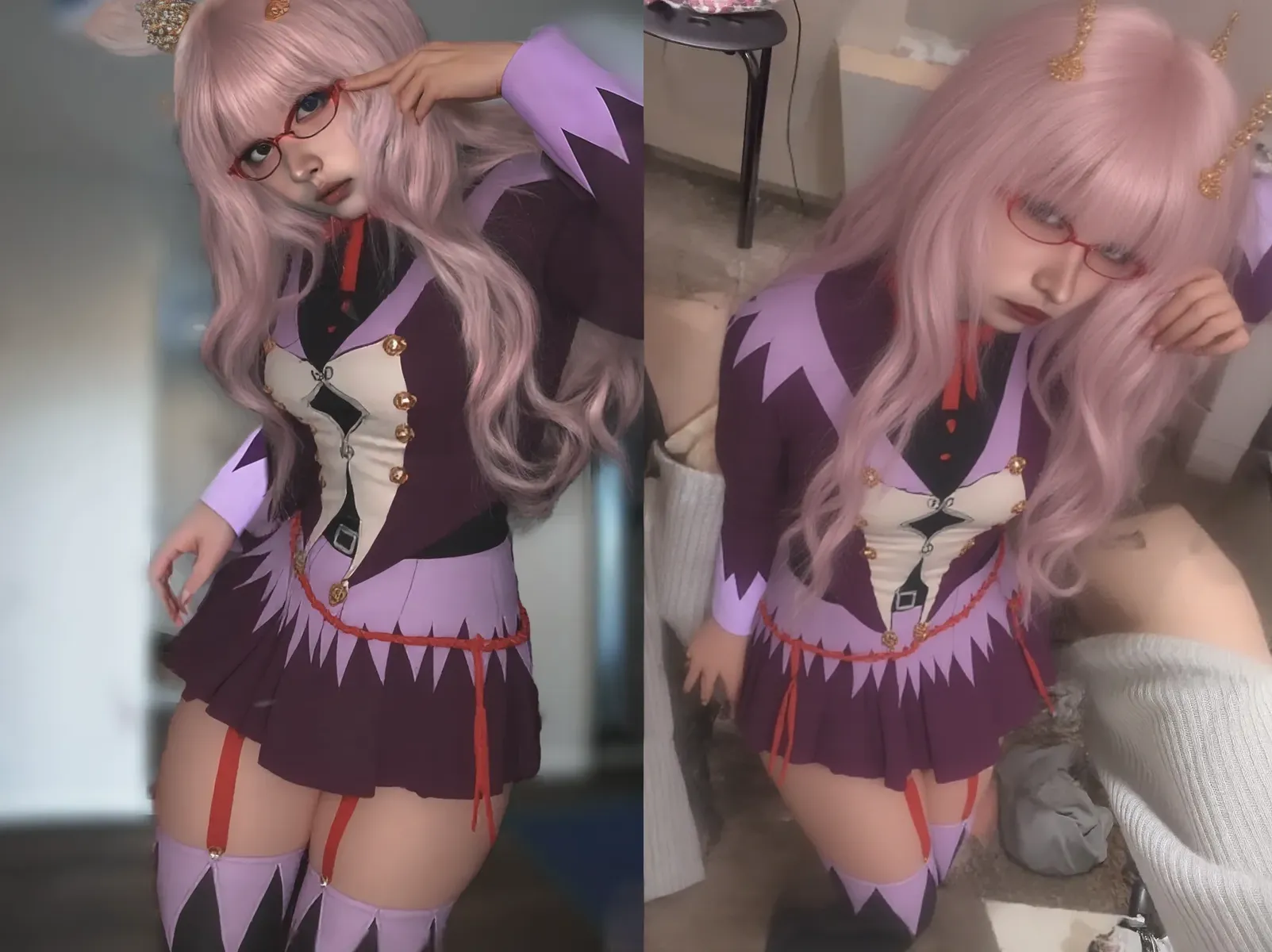an anime girl with pink hair and blue eyes who wears a schoolgirl outfit and has a pair of horns