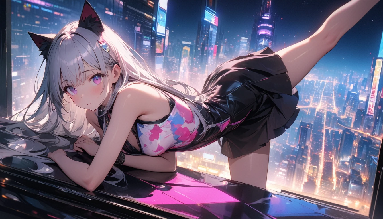1girl, crimson eyes, silver twin tail hair, leaning on balcony, staring at city scenery, wearing black bikini, high quality