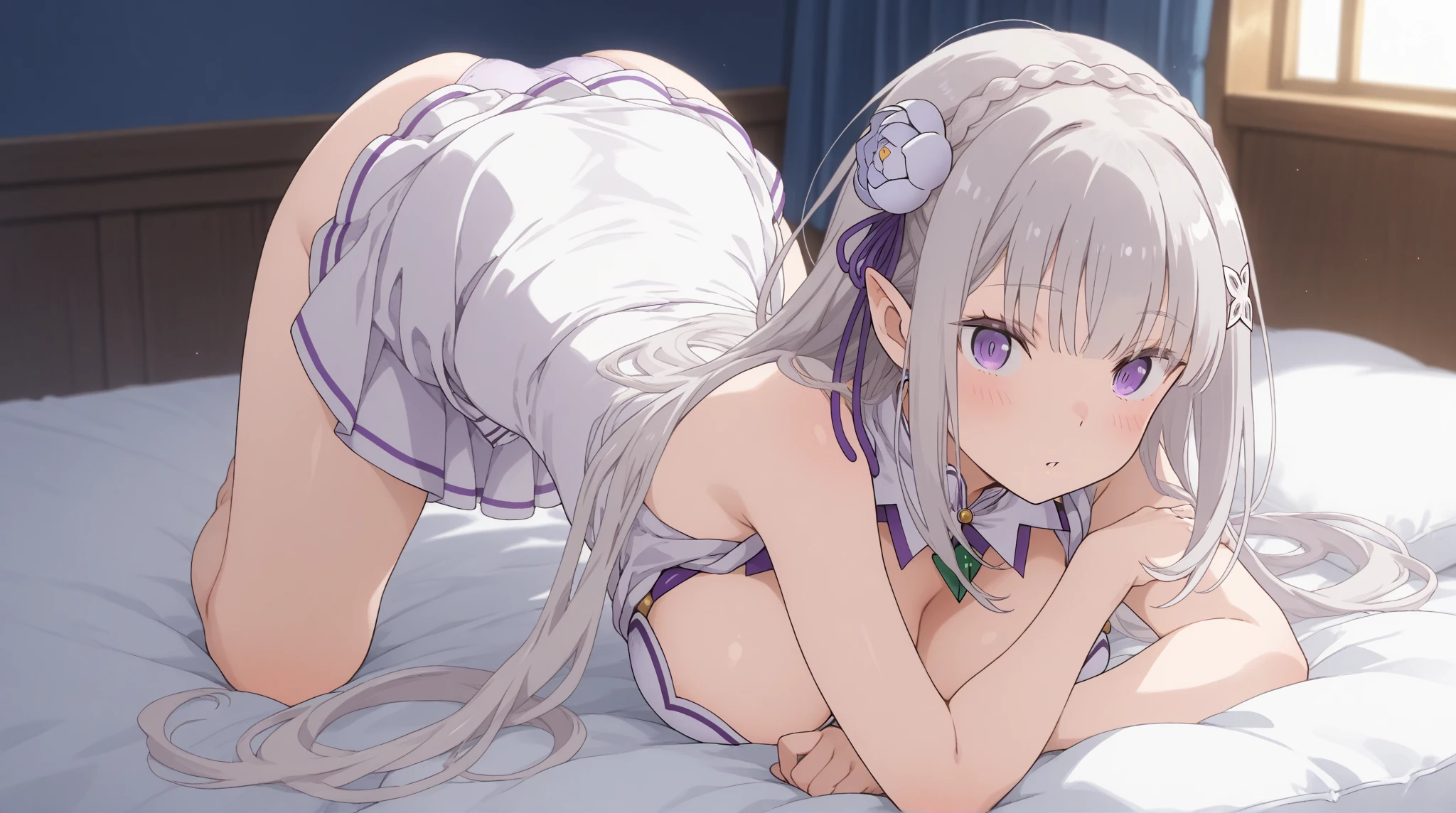 Anime background art, bottom of room, one bed, lying on a bed, beautiful anime scenes, 4K anime art wallpaper, 4k anime art wallpaper, Rosla global illumination, anime girl, best quality, detailed, 1 girl, alone, same as LORA, same as lora, closed mouth, smile, white hair, head accessory, flower headband, long hair, defined eyes, purple eyes, elf ears, looking at viewer, naked, perfect face, perfect eyes, showing her vagina, perfect vagina, legs open, open vagin.