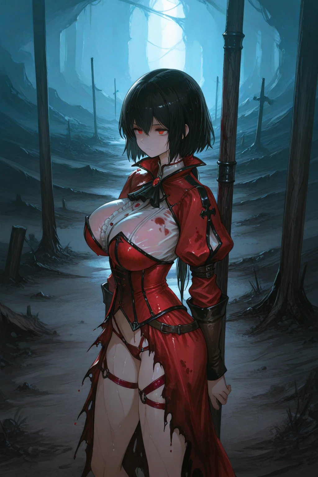 ((blood droplets)), ((blood)), ((blood splatter)), ((blood on clothes)), ((blood stain)), Masterpiece, Beautiful art, professional artist, 8k, art style by sciamano240, Very detailed face, Detailed clothing, detailed fabric, 1 girl, view from above, lying in the fetal position on the floor,  perfectly drawn body, legs open, (very big breasts), dead expression, lifeless, pale skin, beautiful face, short black hair, Closed eyes, pink cheeks, glasses, choker:1.6, (white collar button down long sleeve shirt), black gloves, gloves that cover hands, (holding an ax in his right hand), (black leather corset), (shiny black leggings), Sensual Lips , evening de invierno, Dark road, dark forest, evening, Atmosphere, fog