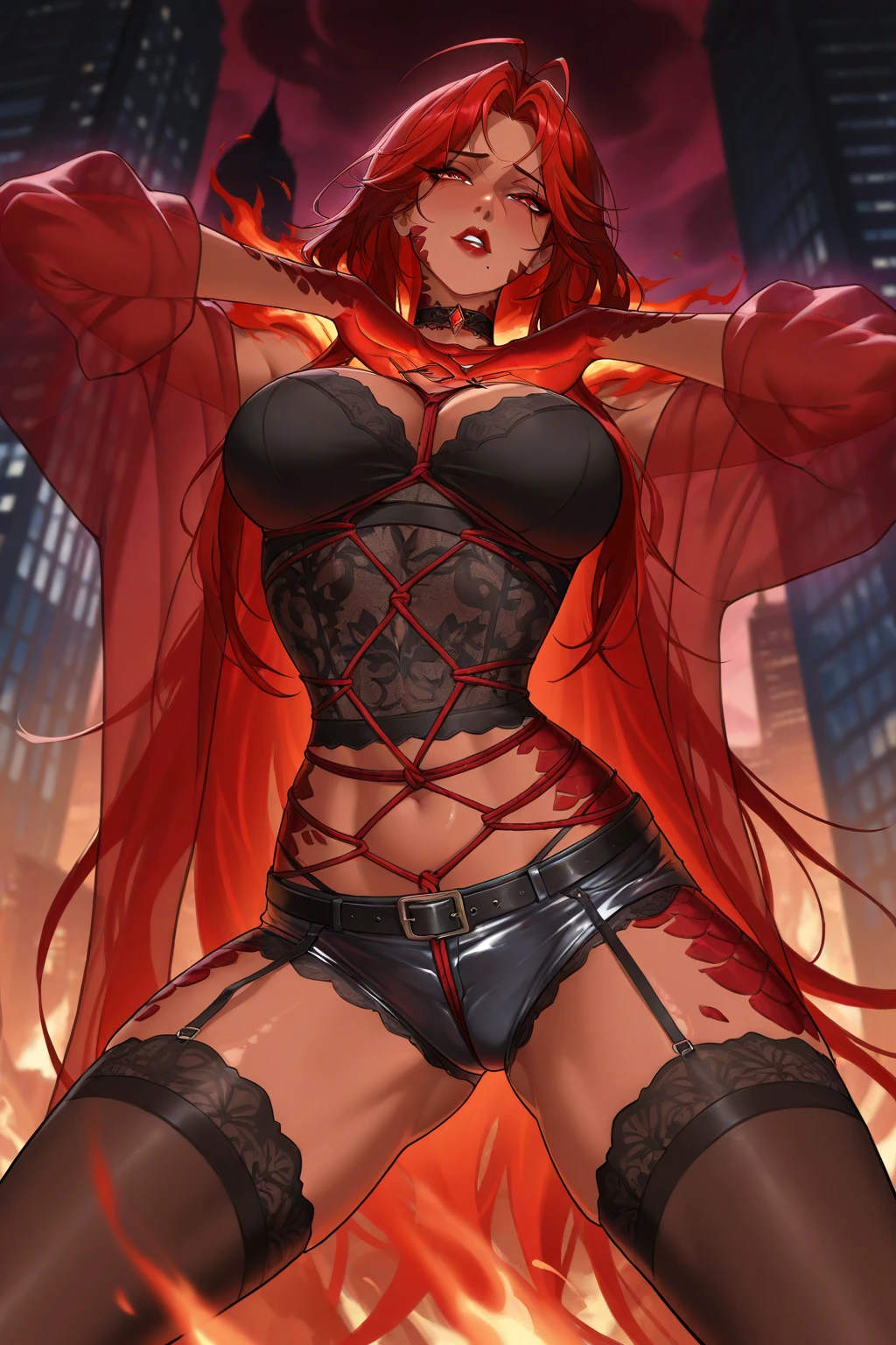 HDR, CG, sharp focus,(8k), (4k), (Masterpiece), (Best Quality), fantasy, extremely detailed, intricate, hyper detailed, (perfect face:1.3), (perfect eyes), illustration,soft lighting,(specular lighting:1.4), highres, absurdres, best quality, 1girl, rebecca \(cyberpunk\), solo, twintails, black hairband mechanical eye, colored sclera, red sclera, colored skin, white skin, leg tattoo, neck tattoo, green hair, small breasts, black bra, thong, red pupils, skin fang, red eyes, black jacket, narrow waist, wide hips, thick thighs, standing, sexy pose, smile