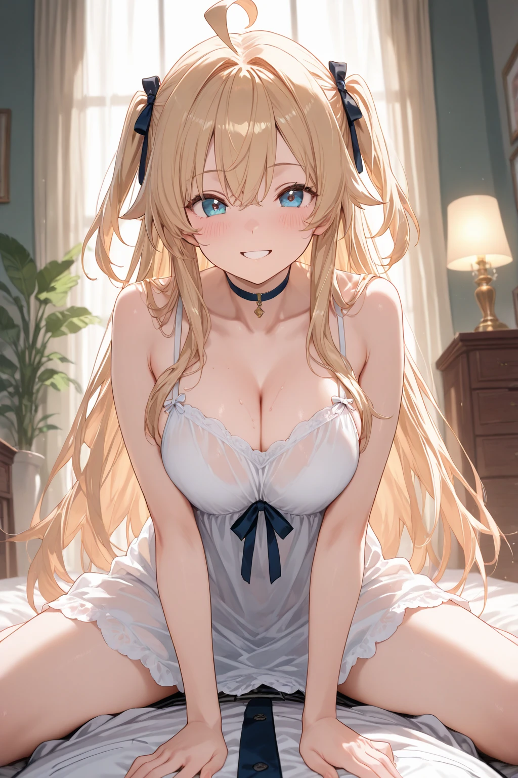 (Masterpiece: 1.4), (Best quality: 1.4), 8K, HD, ultra clear,1girl,(big breasts:1.4),blond hair,(Heart-shaped pupil:1.3),(Tongue out:1.2),scared:1.3,(cry:1.3),princess,Bare abdomen,White lace underwear,Skirt,(Looking up),night,bedroom,necklace,Messy clothes,long hair,