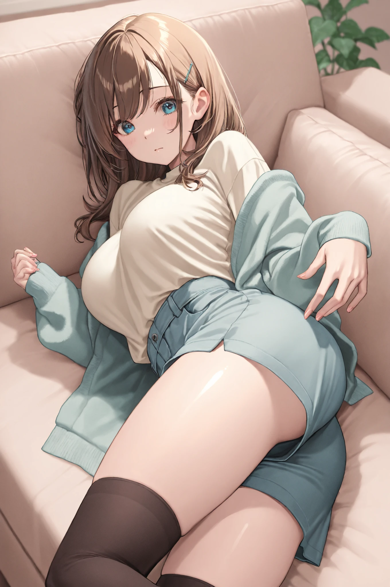 Schoolgirl with brown hair、Green skirt、light blue cardigan、(Blue headphones)、Semi-long hair、black sheer stockings、lowfers、、(Lace sheer panties)、(Masturbate)、(Sheer panties)、Camel hoof、pussy juice、vagina
