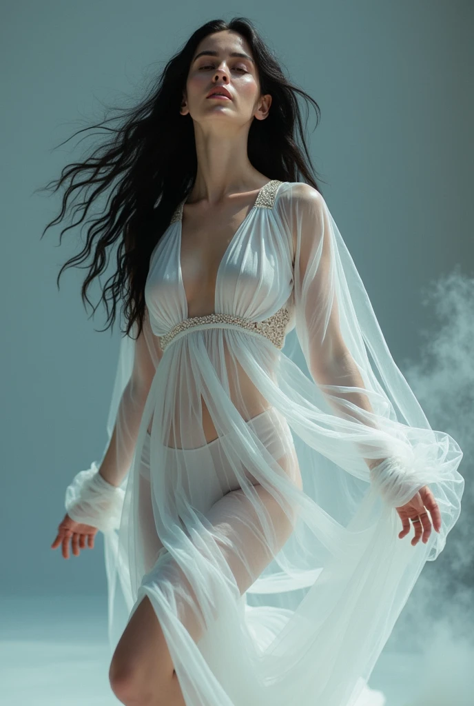 ((masterpiece, highest quality, Highest image quality, High resolution, photorealistic, Raw photo, 8K)), ((Extremely detailed CG unified 8k wallpaper)), Floating woman, In the middle of the ocean, a person in distress sleeping on a raft, eyes closed, a woman in a white dress, floating in the sea, seen from above, wet body, wet hair, drifting in the waves,