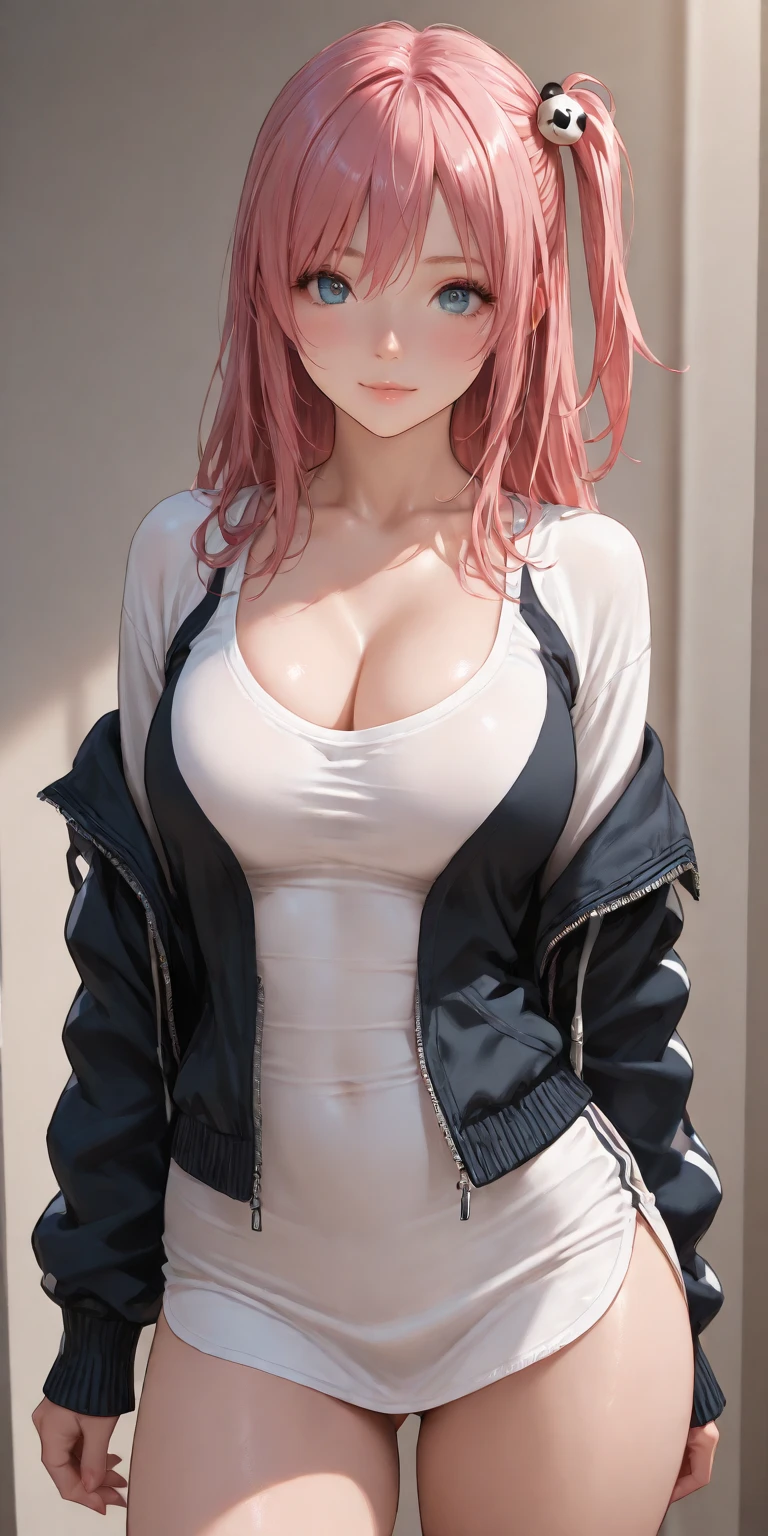 1female，35yo，plumw，extremely large bosom， 独奏，（Background with：ponds，Cherry blossom forest，lotus flower）Lie underwater， She has long pink hair，standing on your feet，seen from the front，， mostly cloudy sky，（（（tmasterpiece），（Very detailed CG unity 8K wallpaper），best qualtiy，cinmatic lighting，detailed back ground，beatiful detailed eyes，Bright pupils，Black eyes，Snow-whiteskin，Redlip（Very fine and beautiful），（Beautiful and detailed eye description），ultra - detailed，tmasterpiece，））facing at camera，A high resolution，ultra - detailed），revealing breasts，Bare genitalia，  Bulge，legs are open，Raised sexy，Camel toes，Flushed complexion，Desire for dissatisfaction，frontage，ssmile（Wearing：baseball cap，Red baseball jacket，Sexy denim shorts）