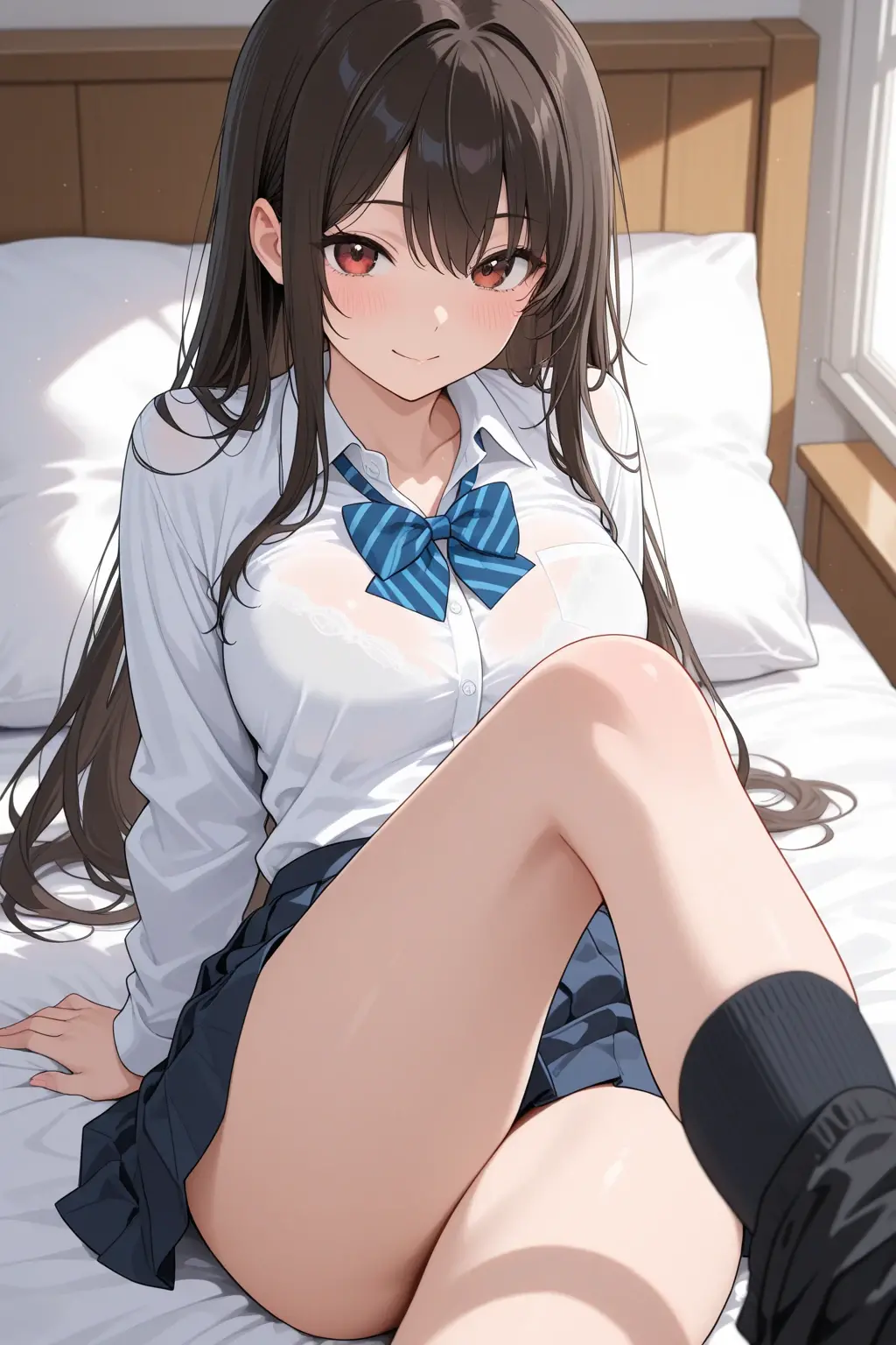 (masterpiece、highest quality、High resolution、realistic pictures、real looking skin:1.1)、
(A high school girl is relaxing in her bedroom:1.8)、
(The skirt is so short that her panties are visible:1.8)、
(she has a grin on her face:1.5)、
(She is wearing a high  blazer.:1.5)、
(She is wearing a pleated miniskirt for her high .:1.5)、
(She is wearing loose socks because she is indoors.:1.5)、
(brown semi-long hair:1.5)、
(she is 18 years old:1.5)、
(Location: Apartment bedroom:1.5)、
1 Japanese girl、solo、full body esbian、beautiful eyes、shining eyes、Shining thighs、NSFW