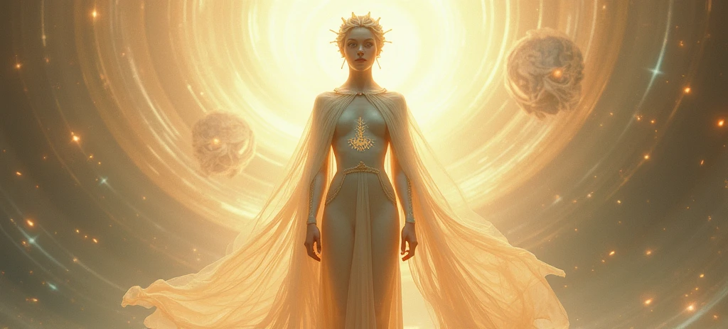 three women in dresses stand in front of a stained glass window, inspired by Kilian Eng, pale orange colors, in metal hurlant, white and gold priestess robes, still frame from a movie, by George Manson, striking artstyle, three women, benevolent android necromancer, theron, esoteric --auto --s2