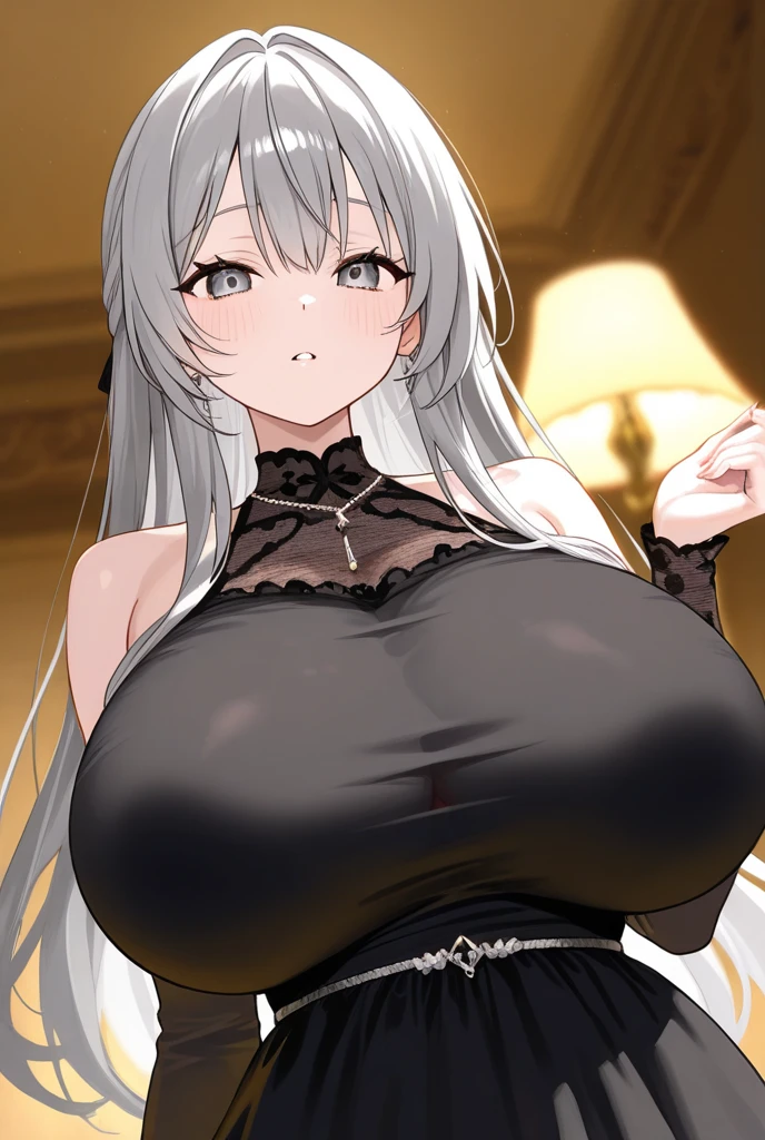 ultra realistic 8k cg, masterpiece, ((ultra detailed background, intricate detail, highly detailed, fine details best quality, hyperdetailed face)), gigantic breasts ,beautiful lighting, absurdres, BoaHancockV2, 1girl, solo, (white hair), long hair, jewelry, closed mouth, ), cleavage, minidress, bare shoulders, curvy, midriff, curvy, thighs, shiny clothes), red eyes, complex detailed background, indoor, palace), ((cowboy shot)), curvy, (gigantic breasts: 1.4), seductive smile, cowboy shot,, earrings, jewelry