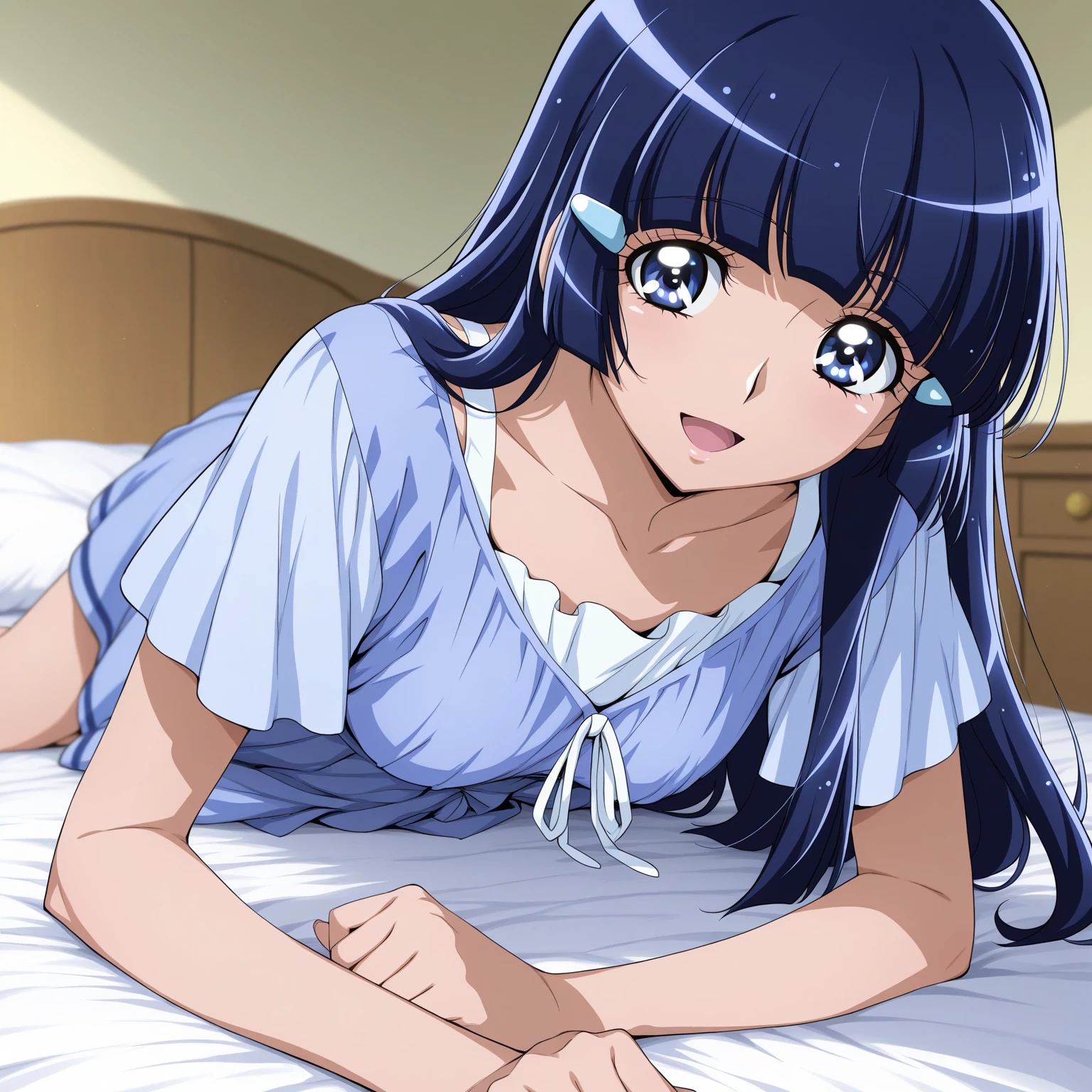 (Best Quality,hight resolution,masutepiece:1.2),Ultra-detailed,(Realistic,Photorealsiticです,Photorealsitic:1.37),Game CG,1girl in, 16yo girl, Blue hair, (half up:1.1), (small ????:1.3), (Purple Nightgown、Transparent), Eyes and faces with detailed, I'm blushing, cool expression, Soft lighting, Full-body angle, Western-style room、bet、Sleeping、Thighs